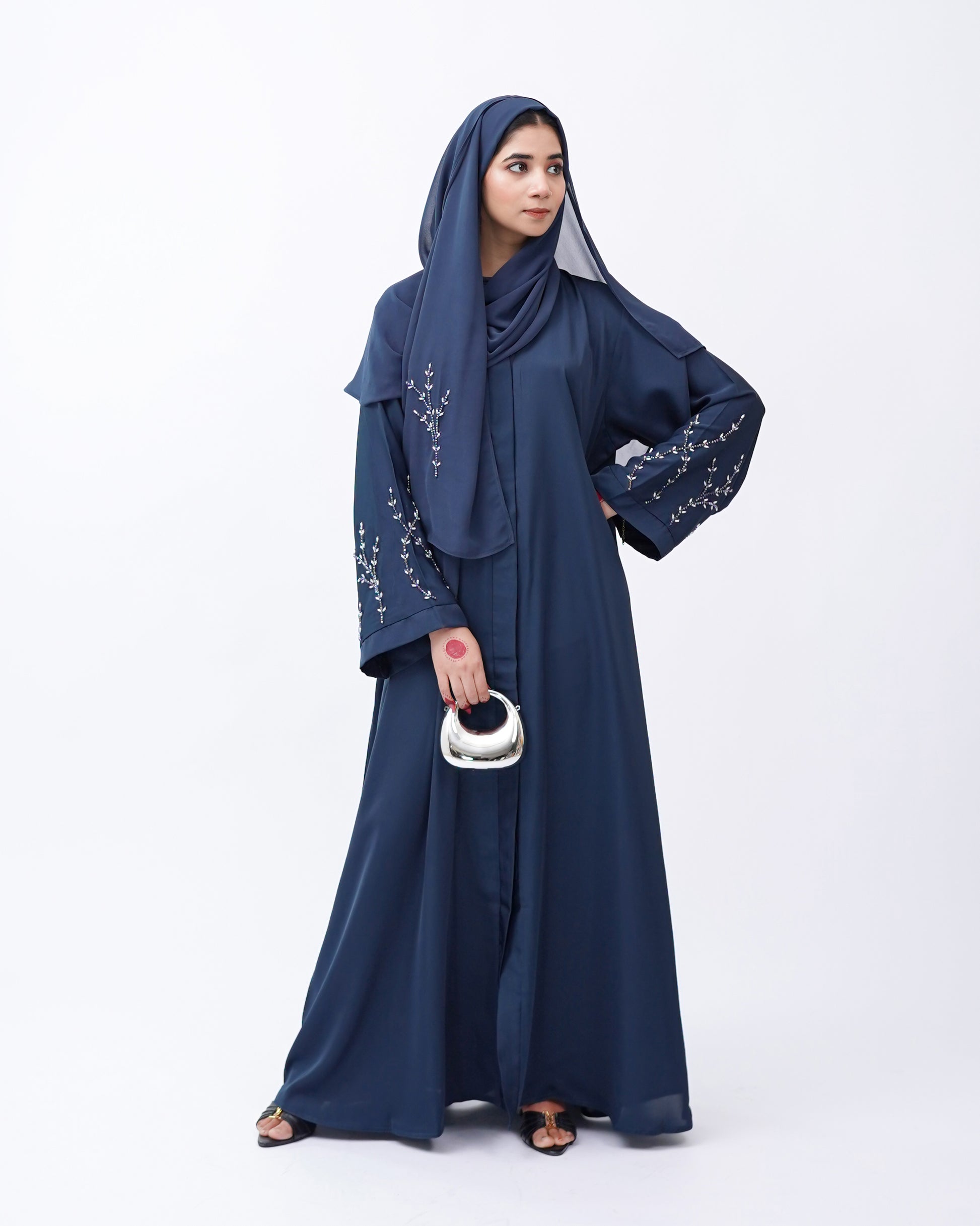 Front Open Hand Work Abaya 0116-J-005 Zinc