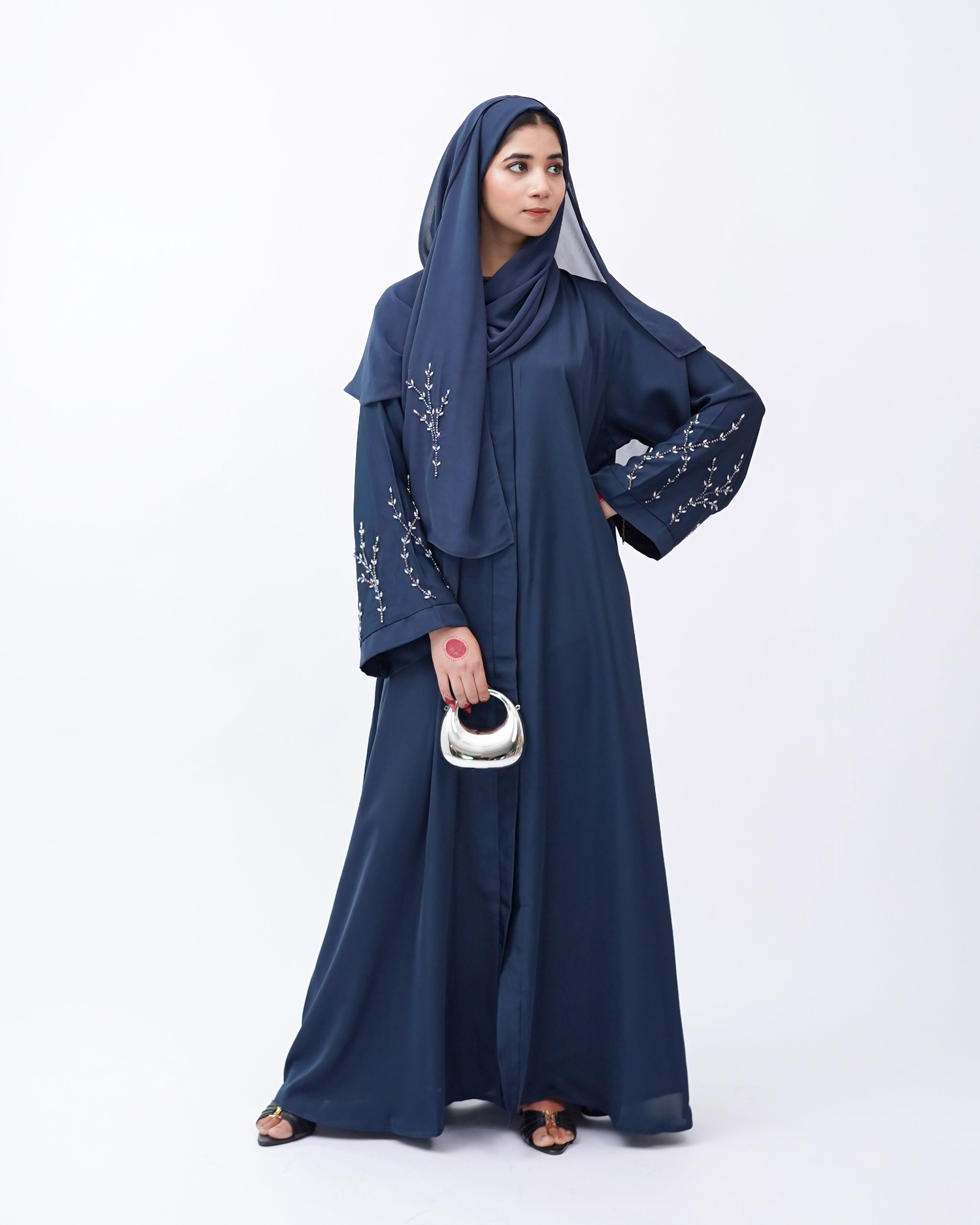 Front Open Hand Work Abaya 0116-J-005 Zinc