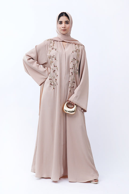 Front Open Hand Work Abaya 0116-J-006 Beige