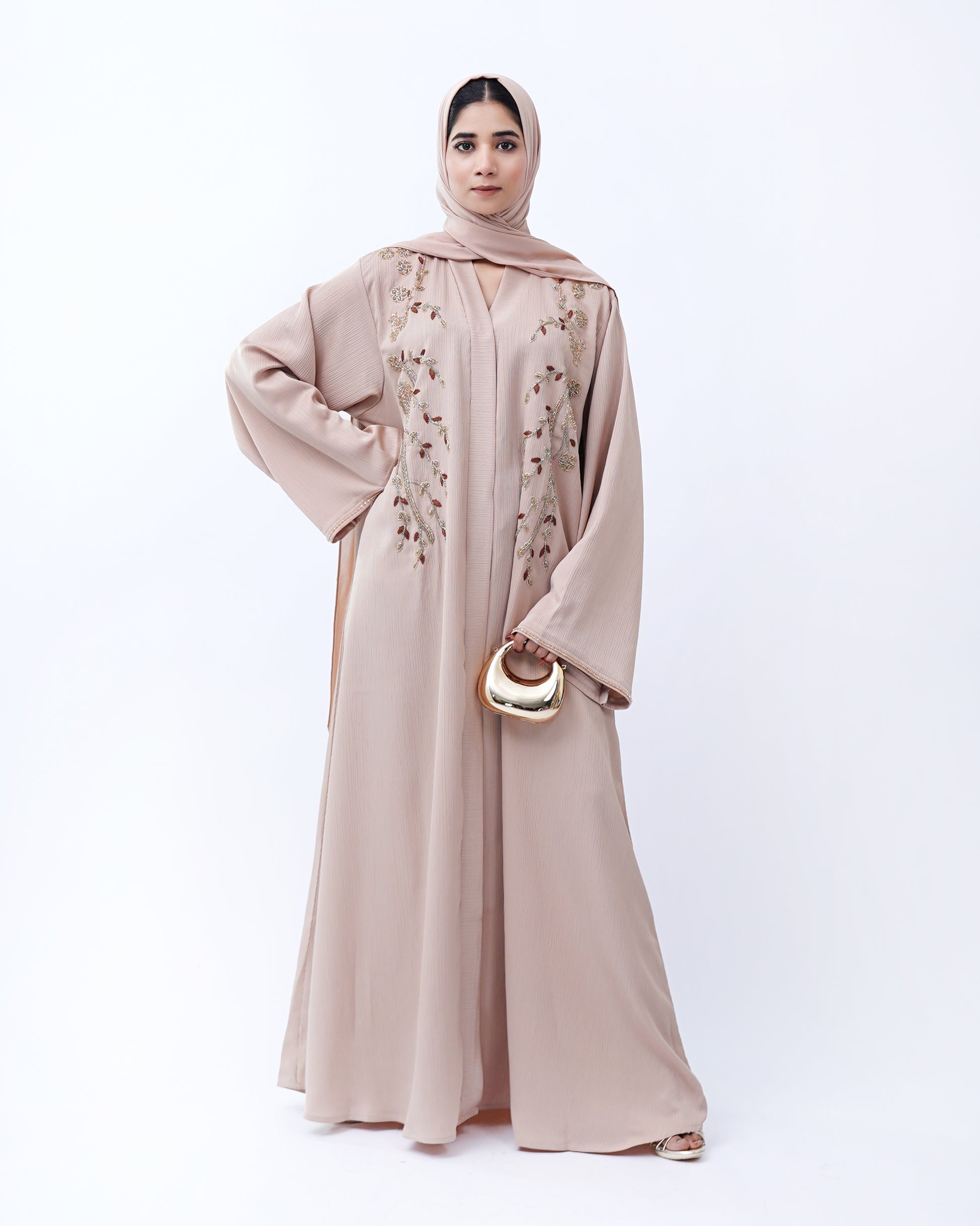 Front Open Hand Work Abaya 0116-J-006 Beige