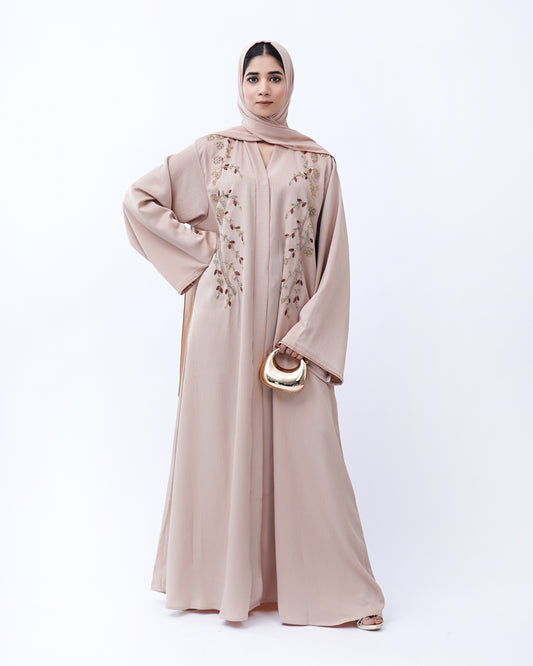 Front Open Hand Work Abaya 0116-J-006 Beige