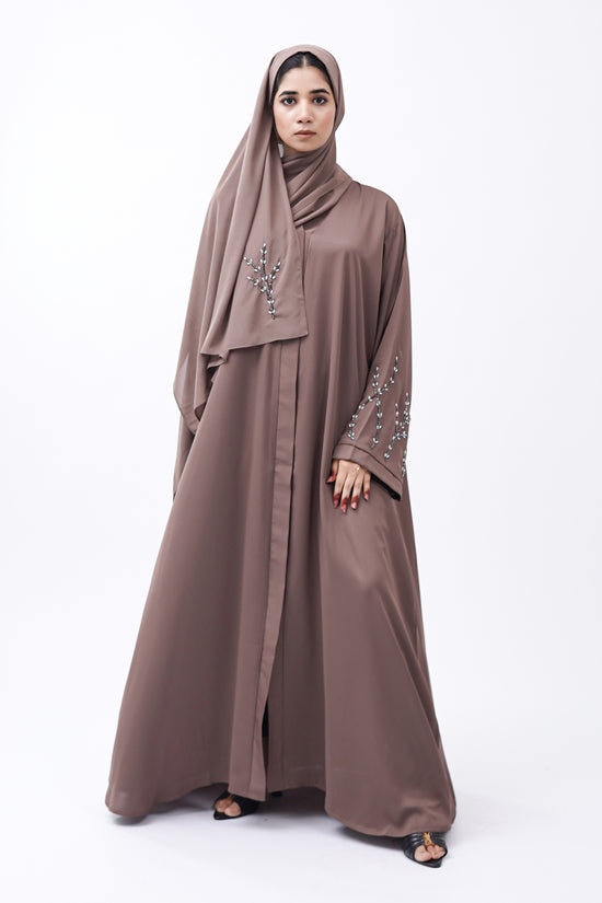 Front Open Hand Work Abaya 0116-J-005 Metallic Brown