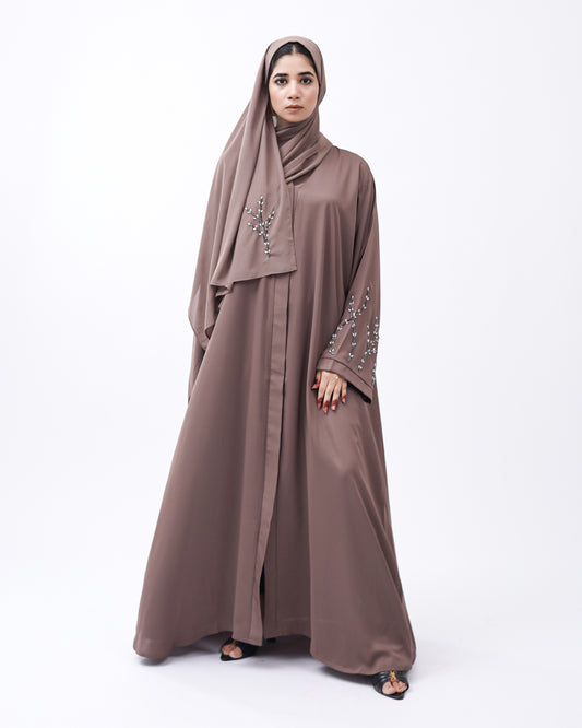 Front Open Hand Work Abaya 0116-J-005 Metallic Brown