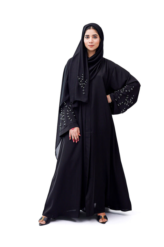 Front Open Hand Work Abaya 0116-J-005 Black