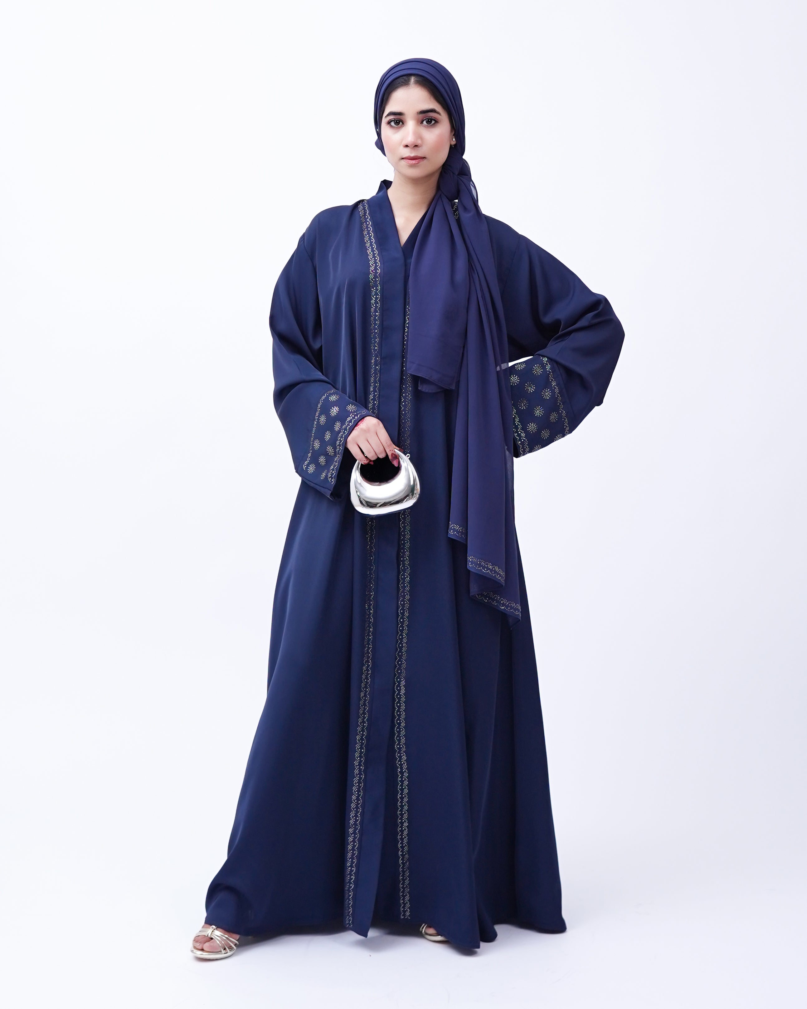 Front open stone abaya 0116-C-457 Blue