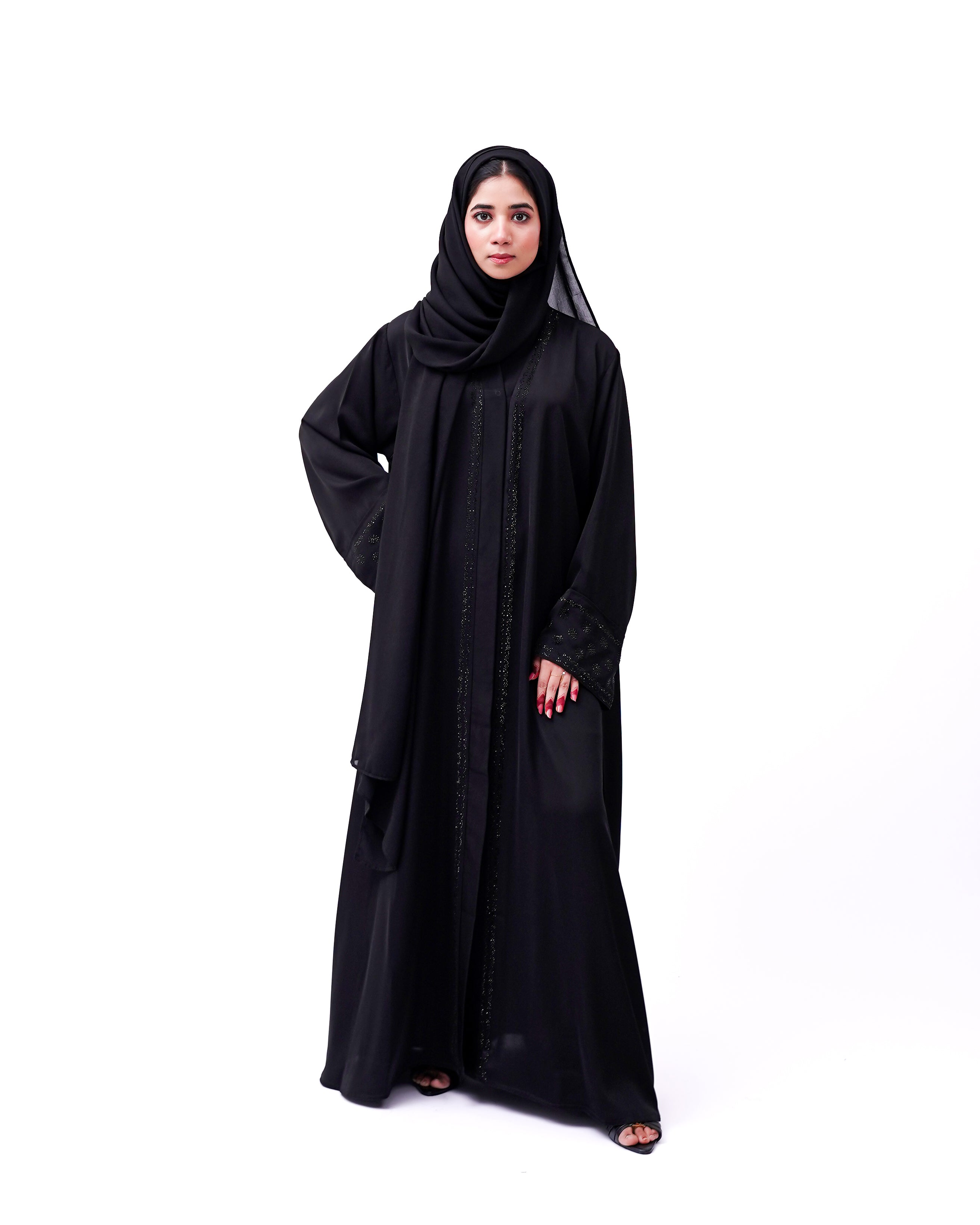 Front open stone abaya 0116-C-457 Black