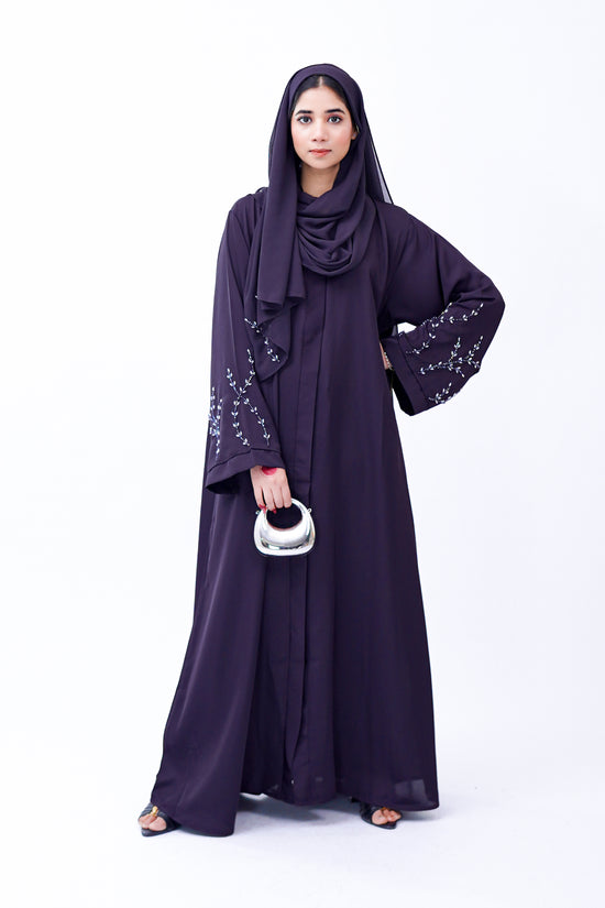 Front Open Hand Work Abaya 0116-J-005 Purple