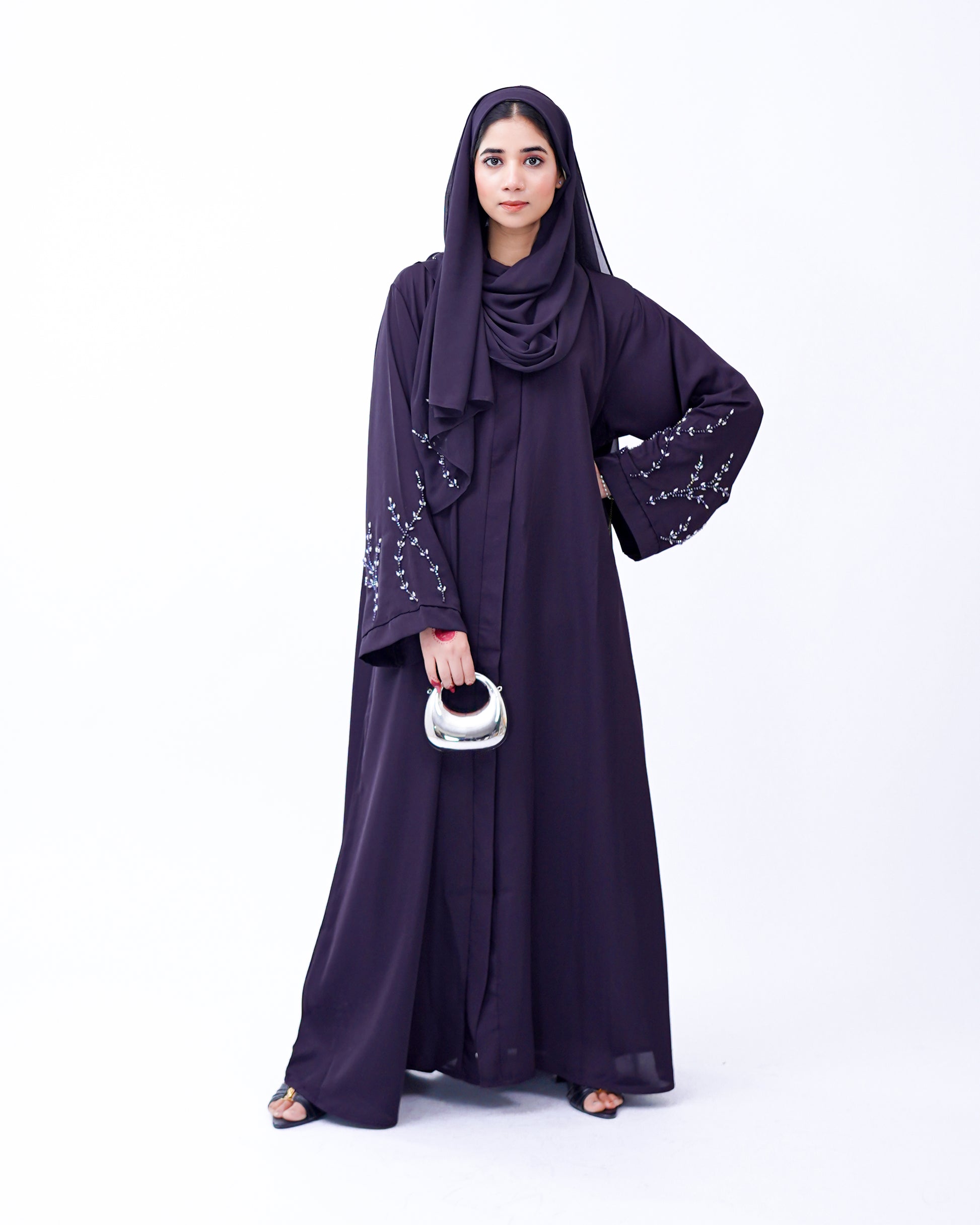 Front Open Hand Work Abaya 0116-J-005 Purple