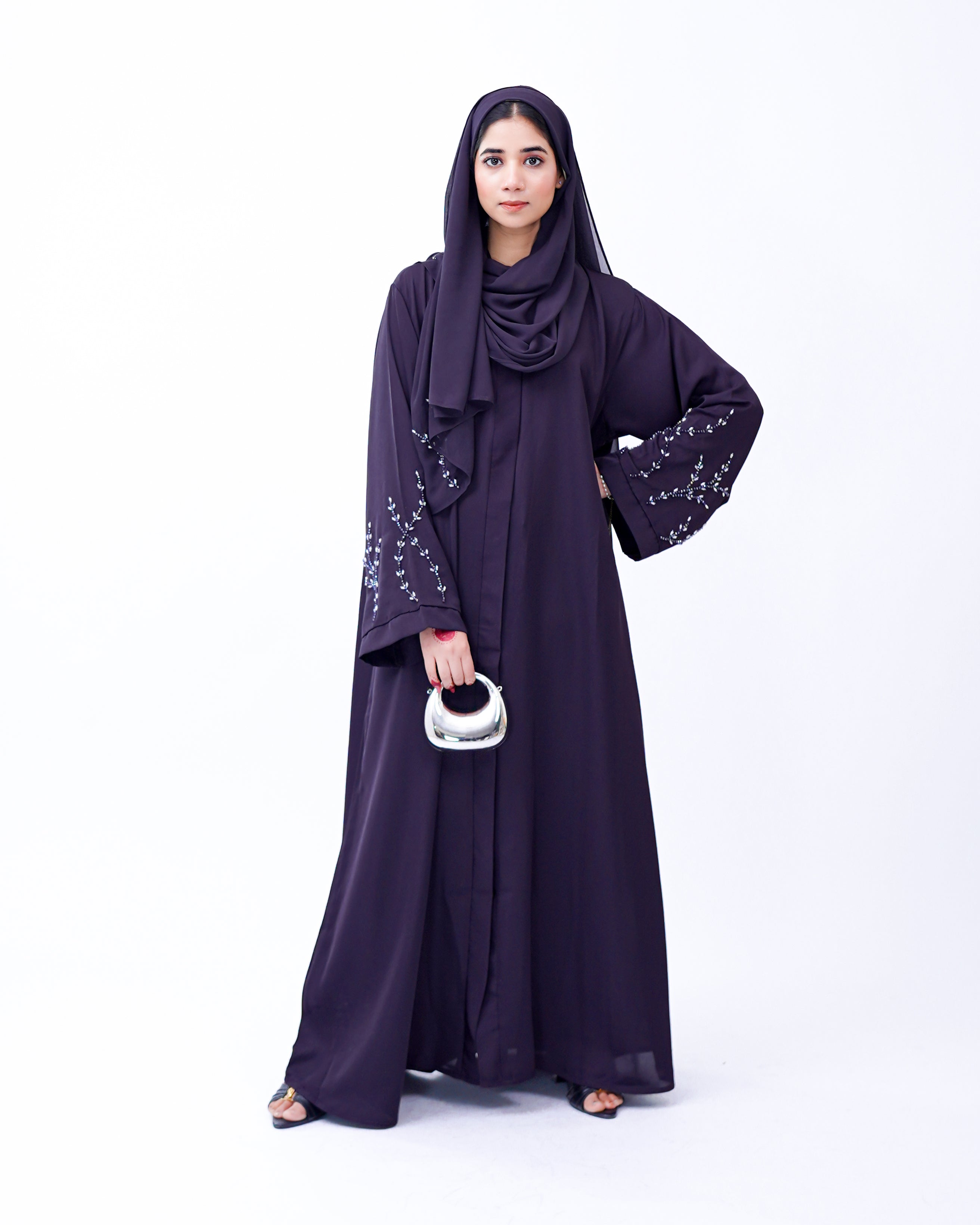 Front Open Hand Work Abaya 0116-J-005 Purple