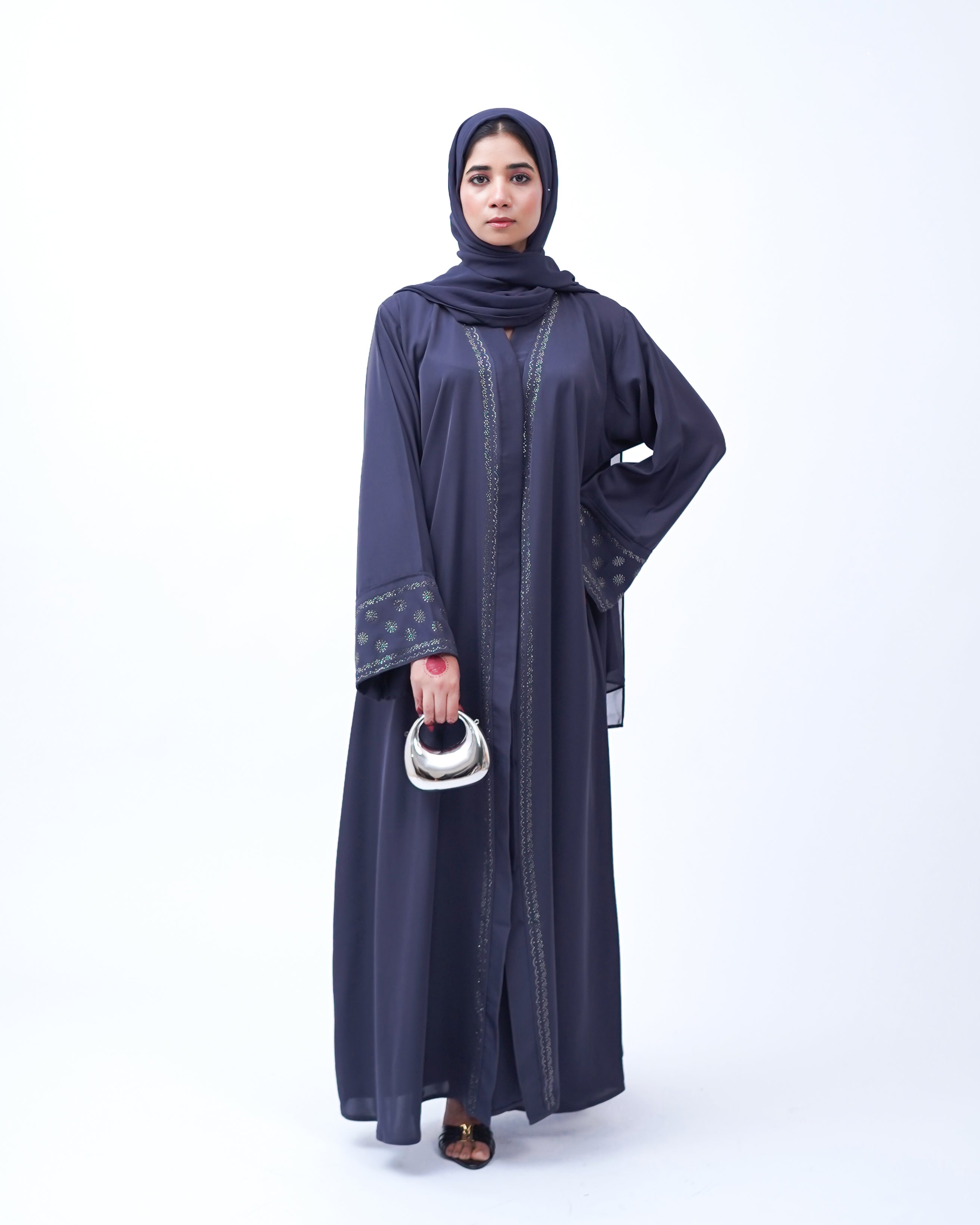 Front open stone abaya 0116-C-457 Grey