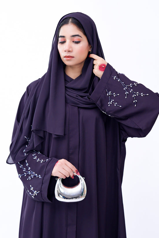 Front Open Hand Work Abaya 0116-J-005 Purple