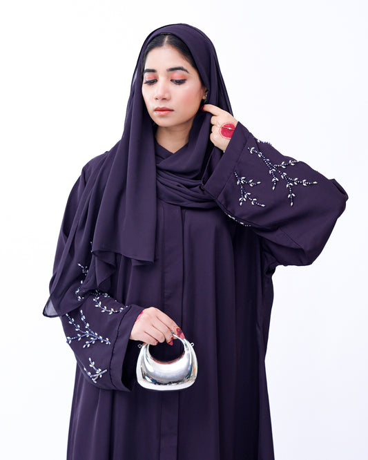 Front Open Hand Work Abaya 0116-J-005 Purple