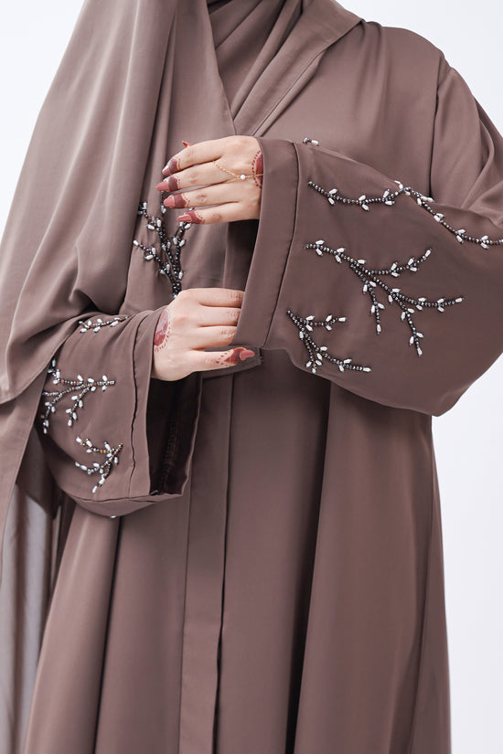 Front Open Hand Work Abaya 0116-J-005 Metallic Brown