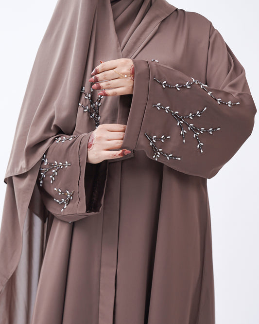 Front Open Hand Work Abaya 0116-J-005 Metallic Brown