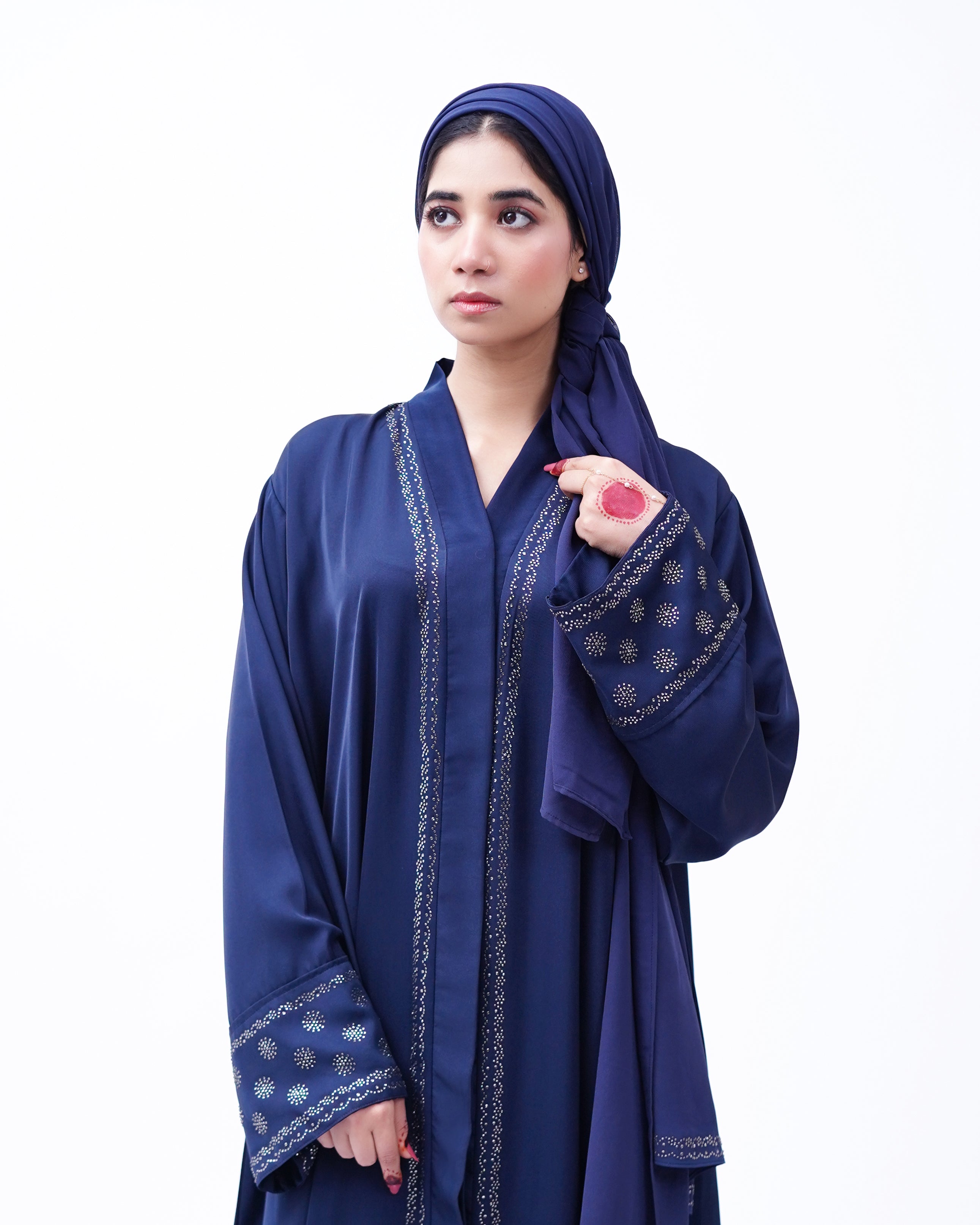 Front open stone abaya 0116-C-457 Blue
