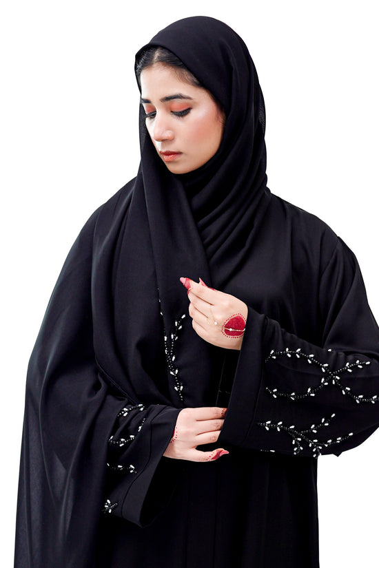 Front Open Hand Work Abaya 0116-J-005 Black