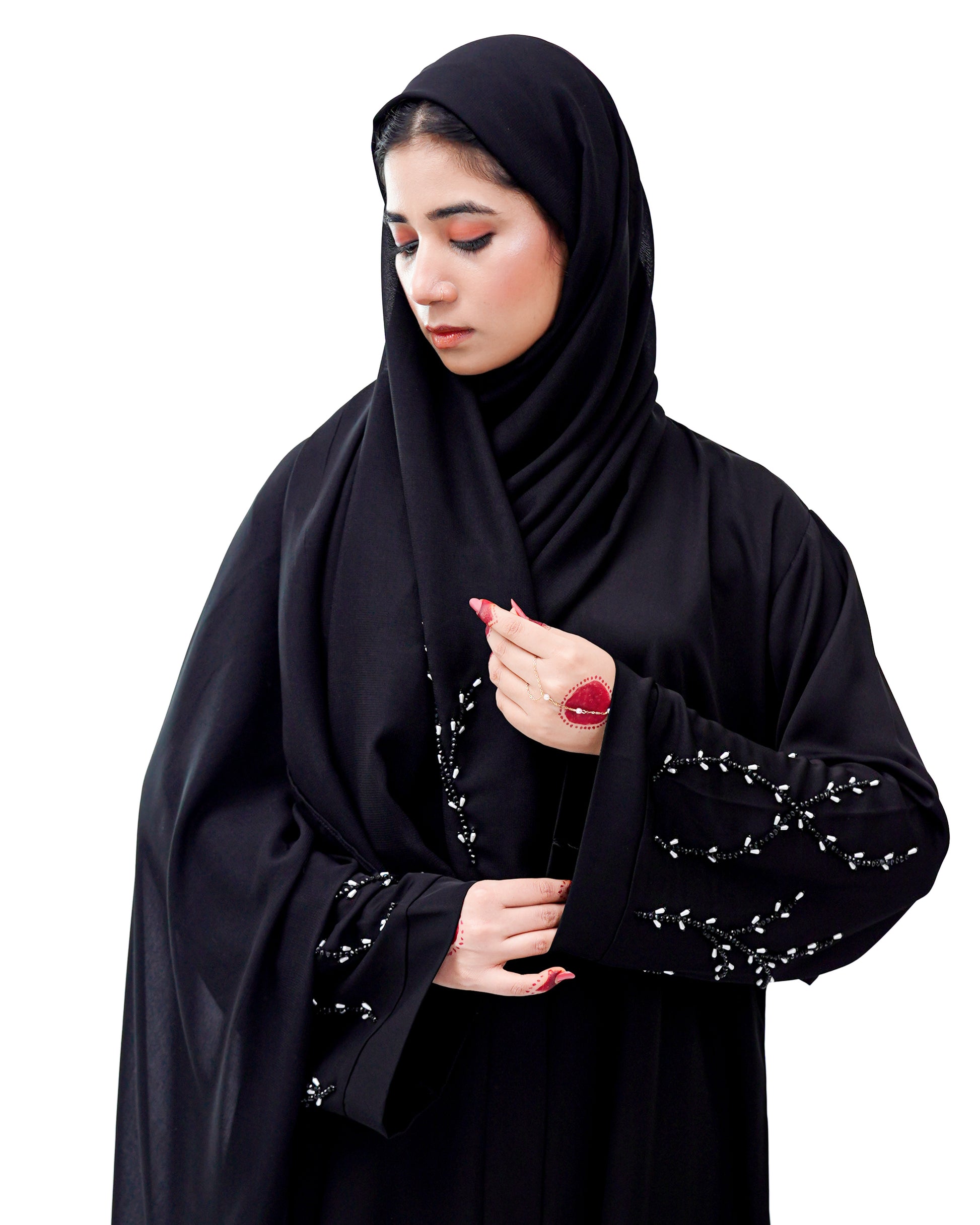 Front Open Hand Work Abaya 0116-J-005 Black