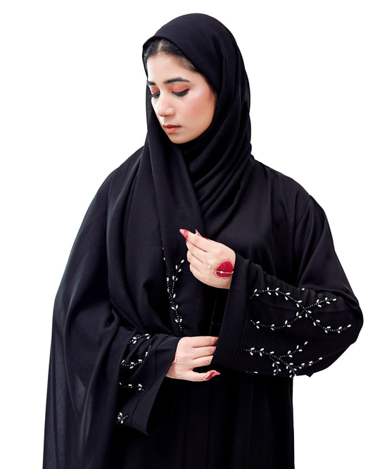 Front Open Hand Work Abaya 0116-J-005 Black