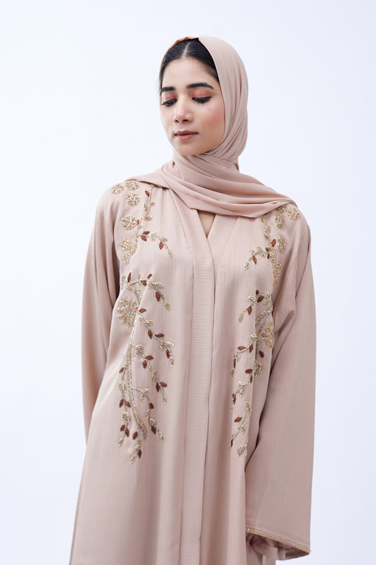 Front Open Hand Work Abaya 0116-J-006 Beige