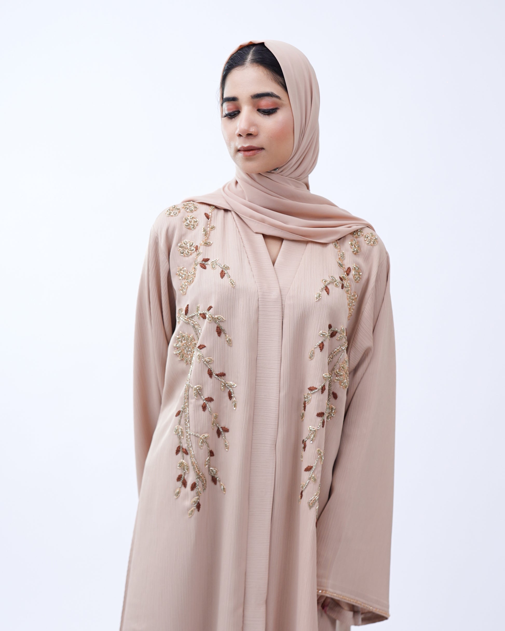 Front Open Hand Work Abaya 0116-J-006 Beige
