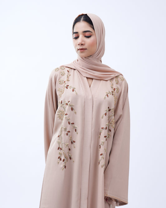 Front Open Hand Work Abaya 0116-J-006 Beige