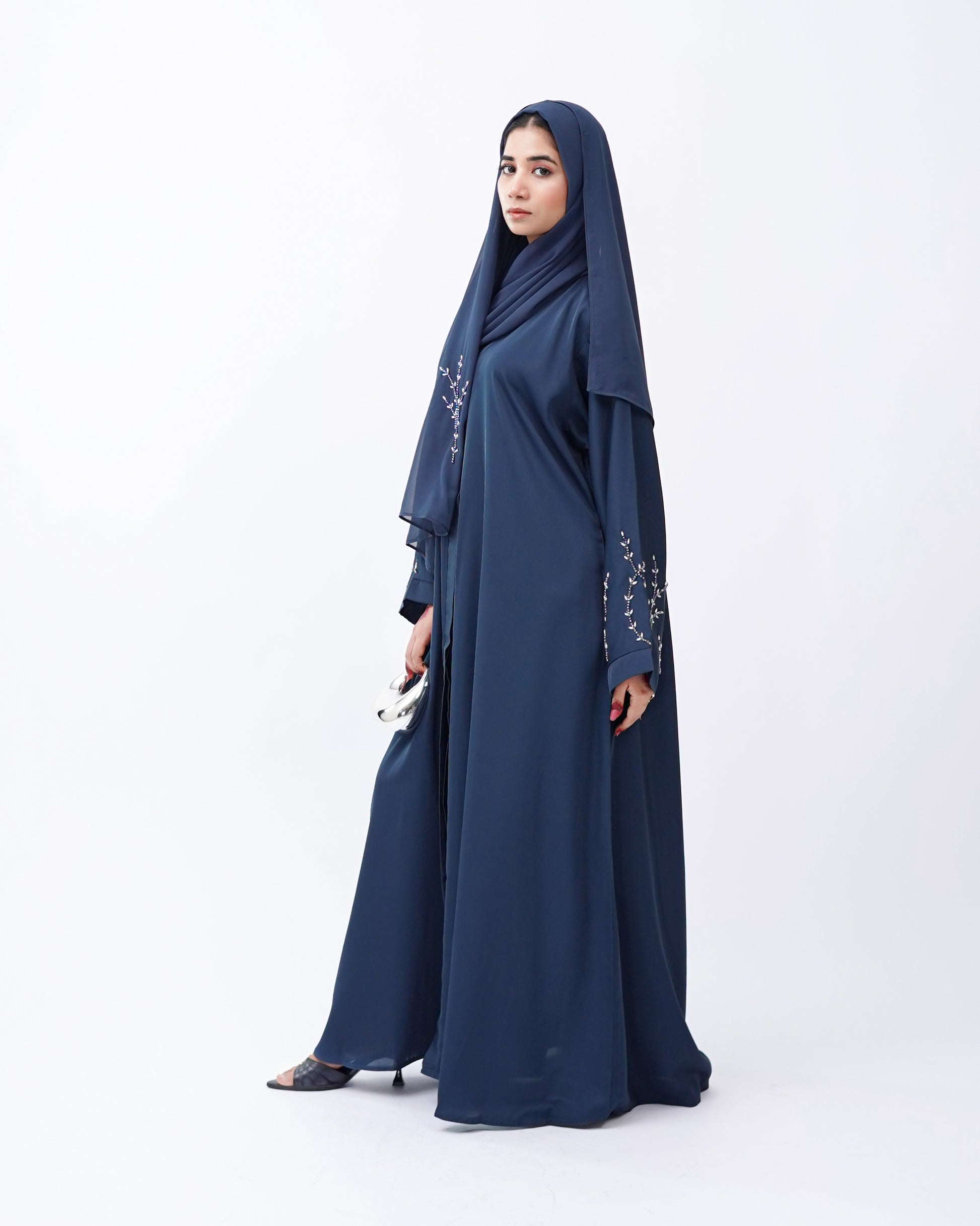 Front Open Hand Work Abaya 0116-J-005 Zinc