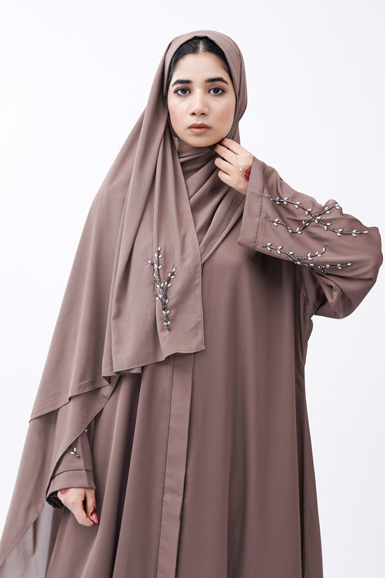Front Open Hand Work Abaya 0116-J-005 Metallic Brown