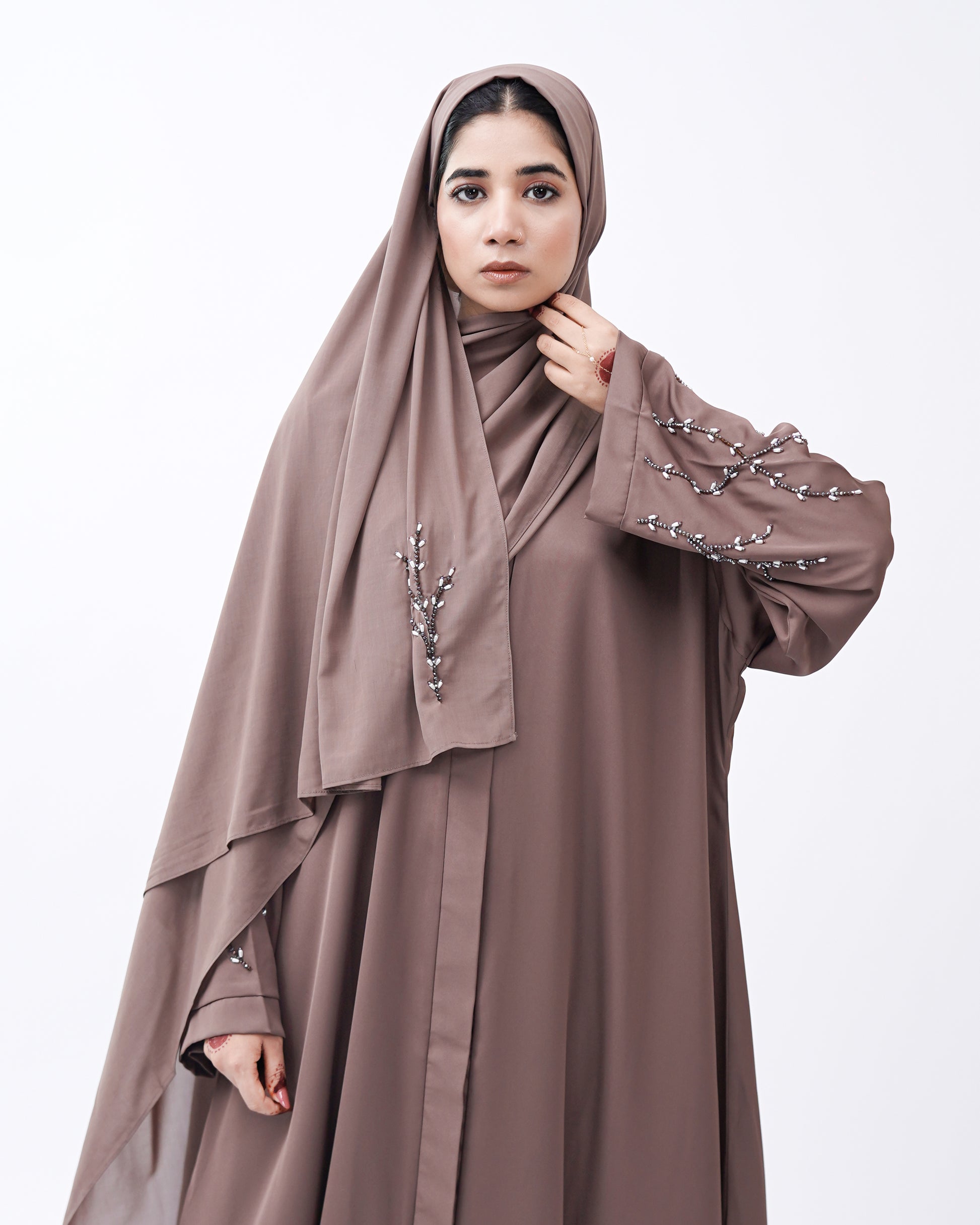 Front Open Hand Work Abaya 0116-J-005 Metallic Brown