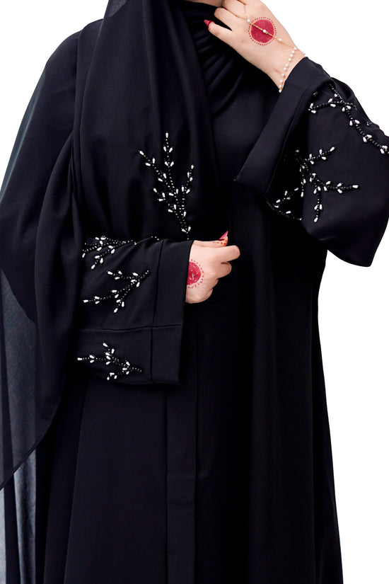 Front Open Hand Work Abaya 0116-J-005 Black
