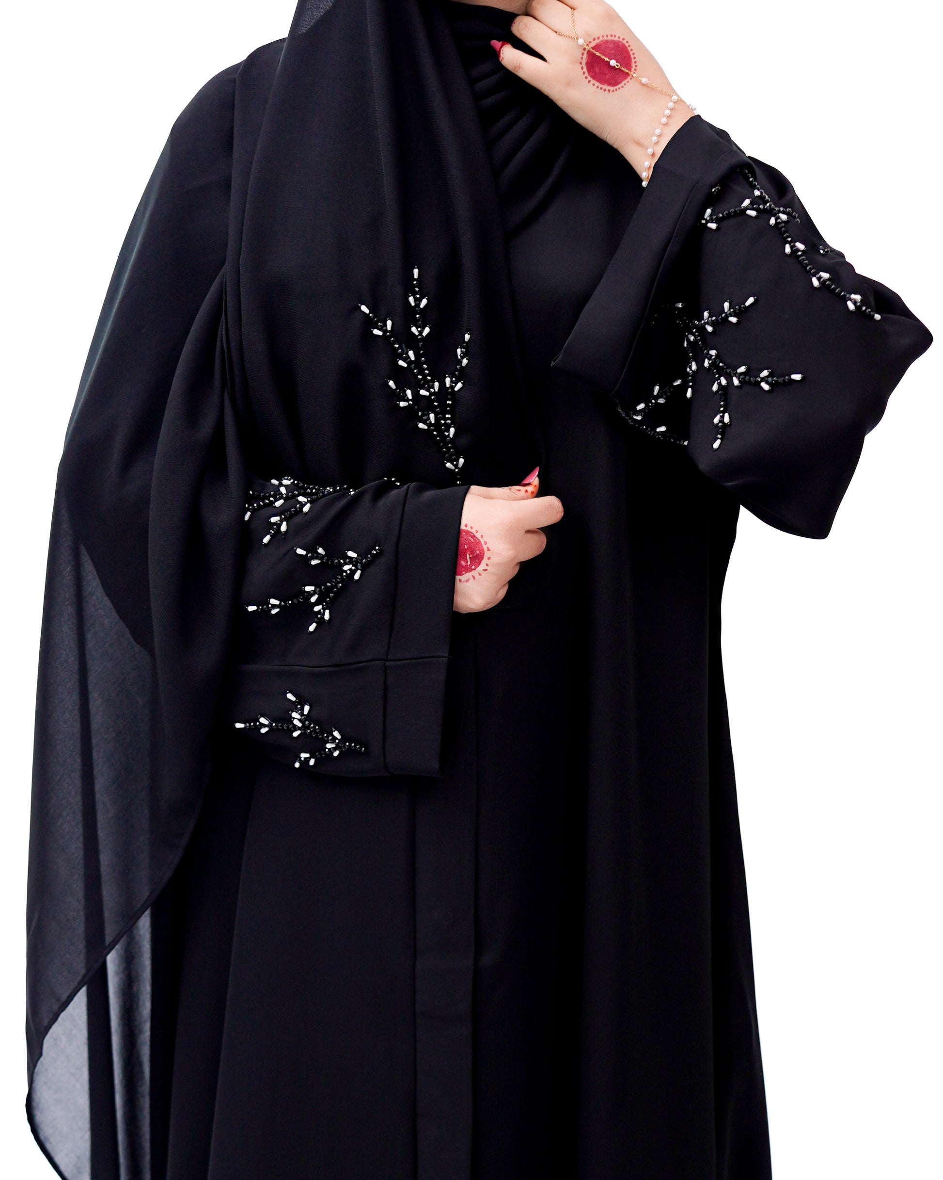 Front Open Hand Work Abaya 0116-J-005 Black
