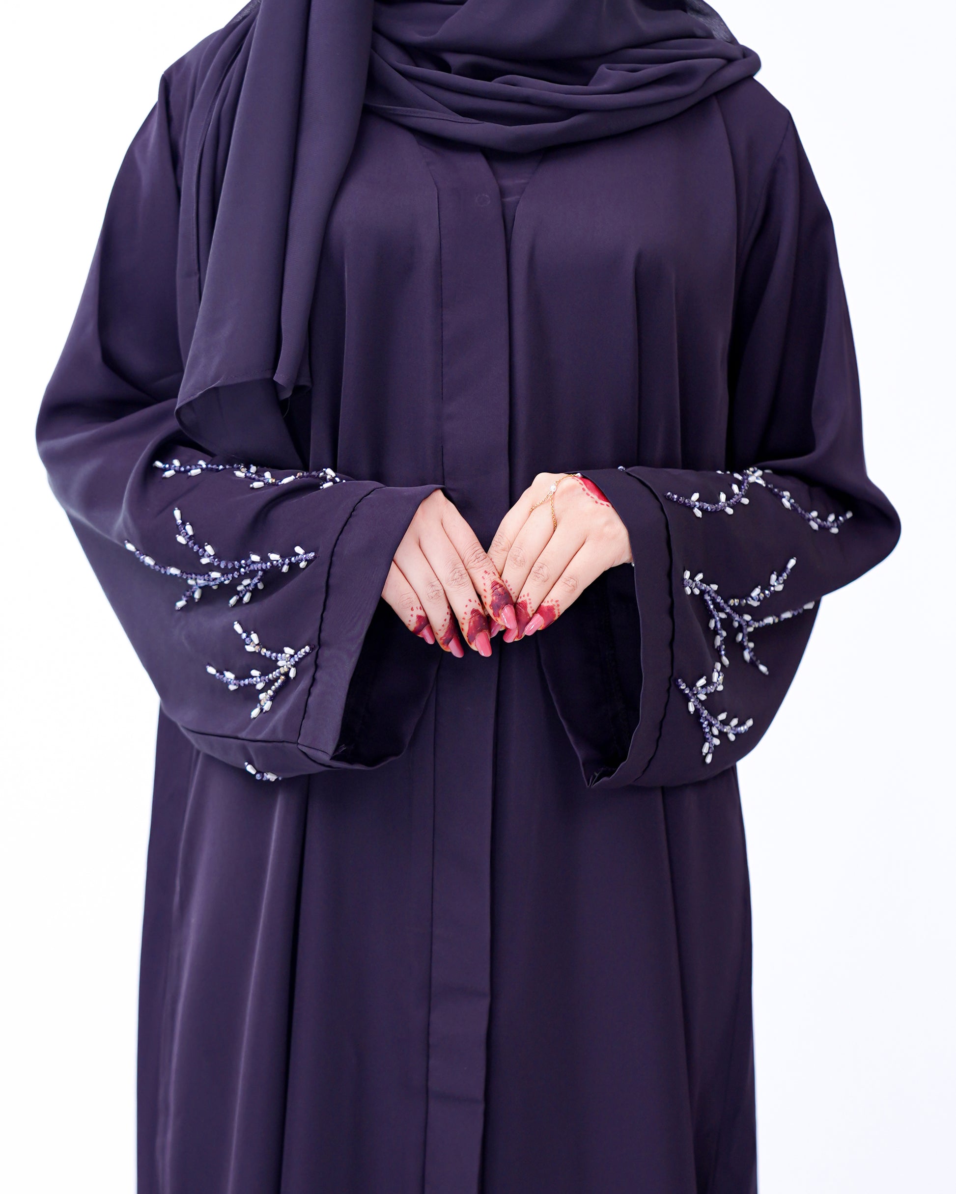 Front Open Hand Work Abaya 0116-J-005 Purple