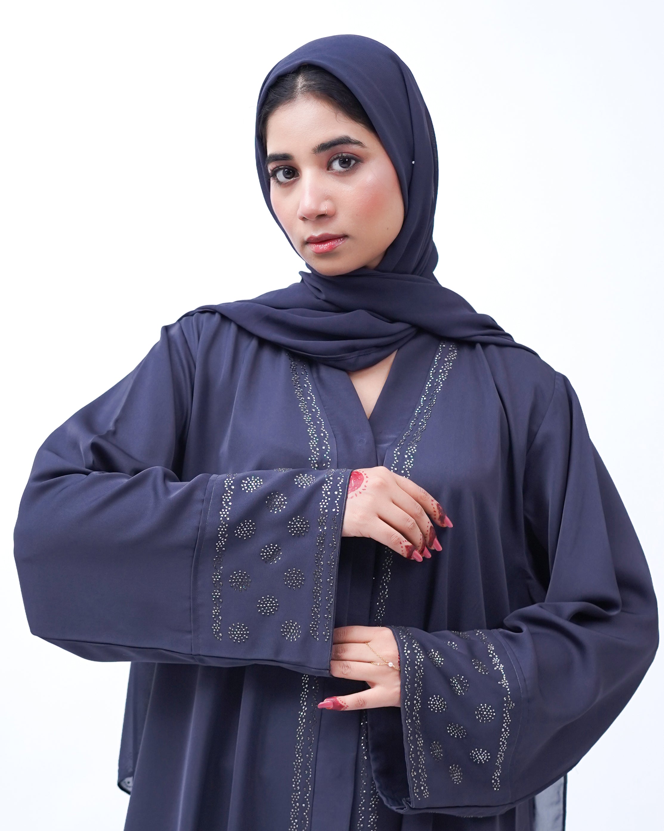 Front open stone abaya 0116-C-457 Grey