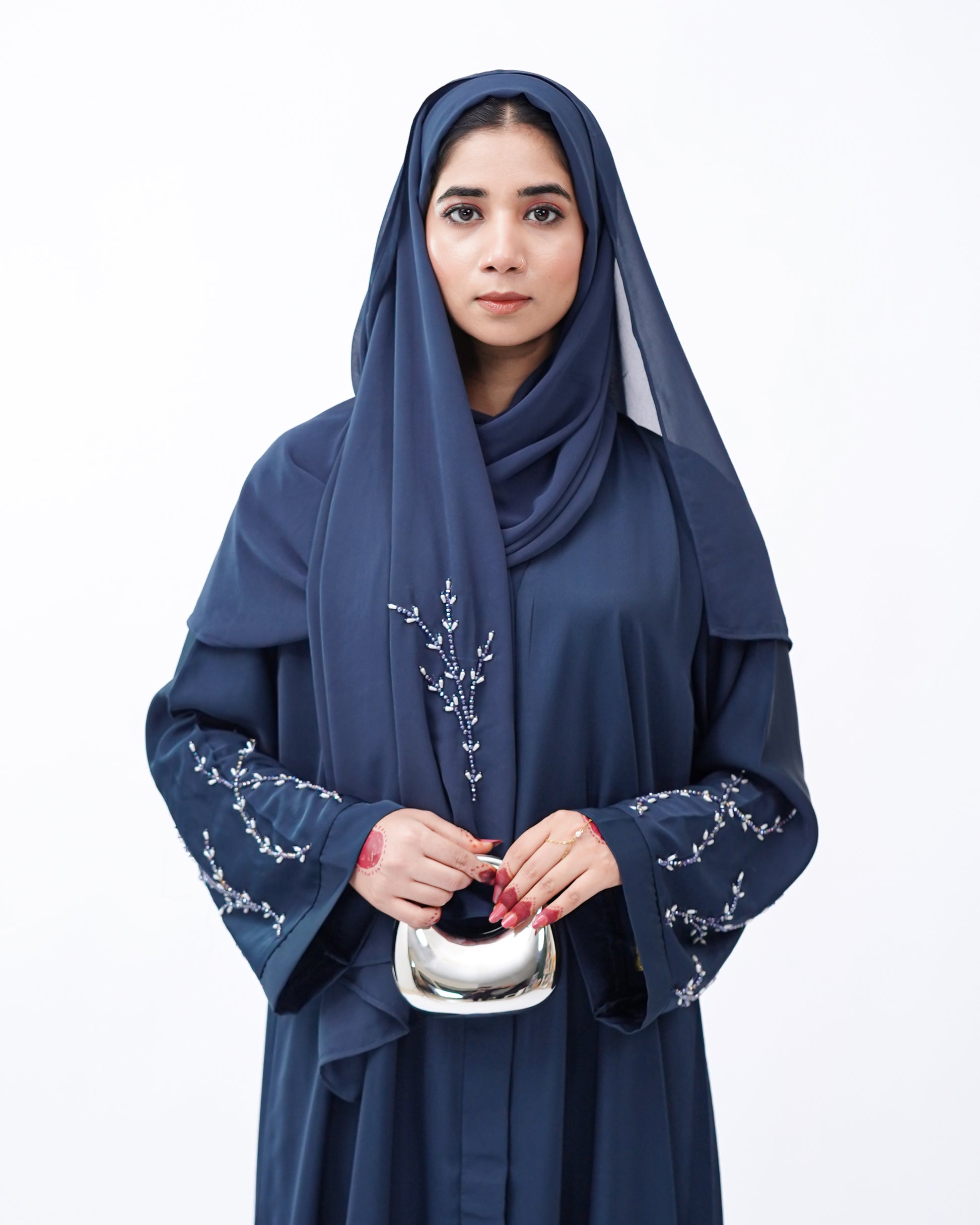 Front Open Hand Work Abaya 0116-J-005 Zinc