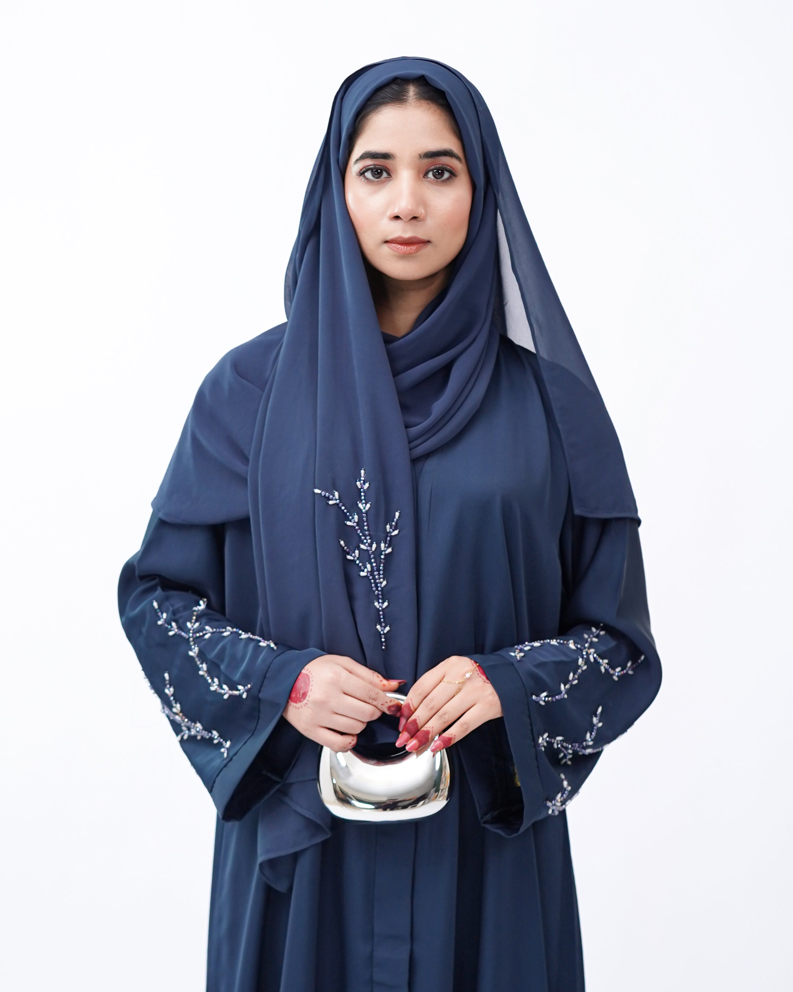 Front Open Hand Work Abaya 0116-J-005 Zinc