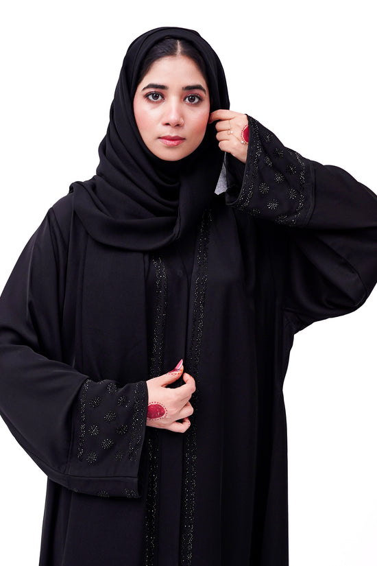 Front open stone abaya 0116-C-457 Black