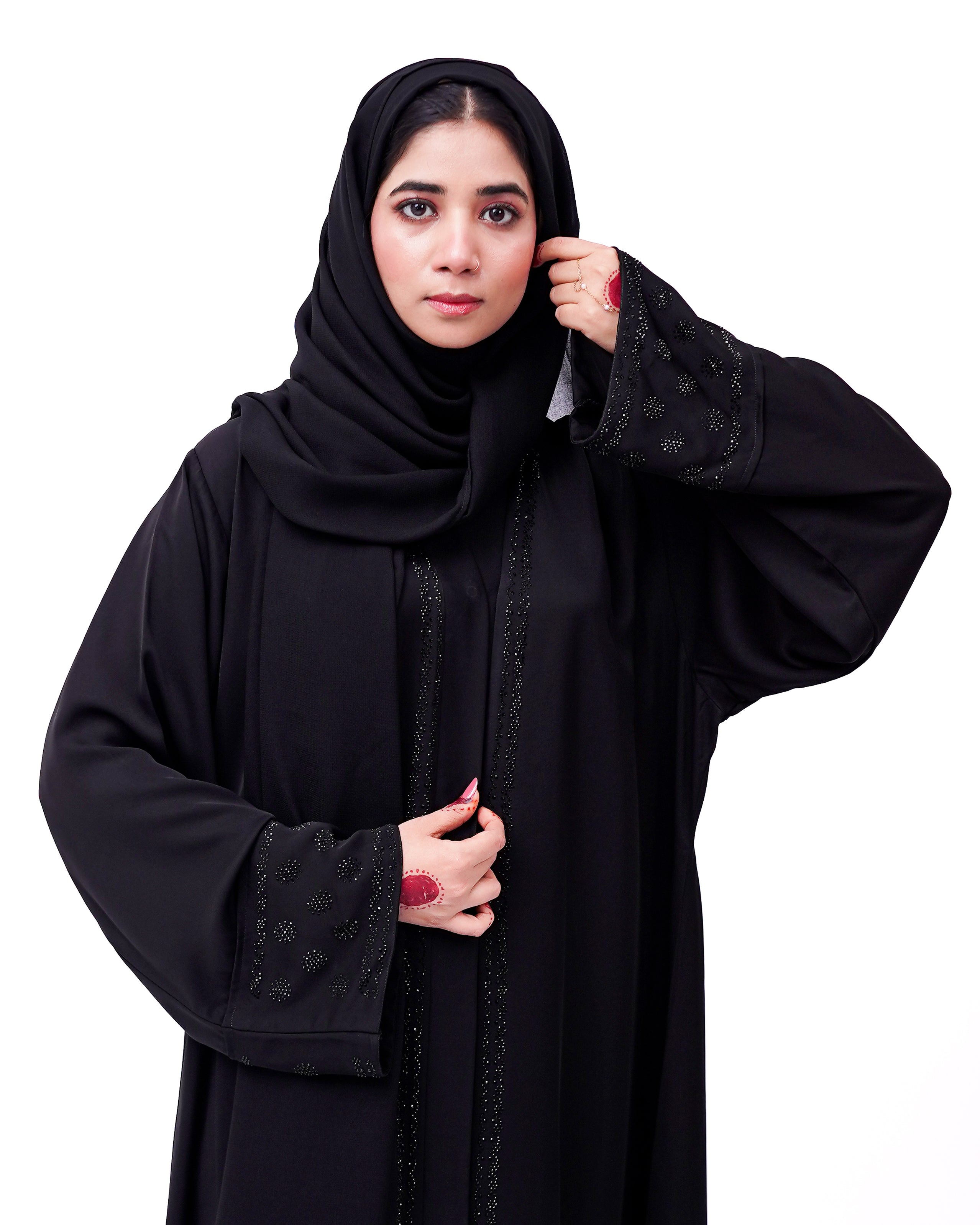 Front open stone abaya 0116-C-457 Black
