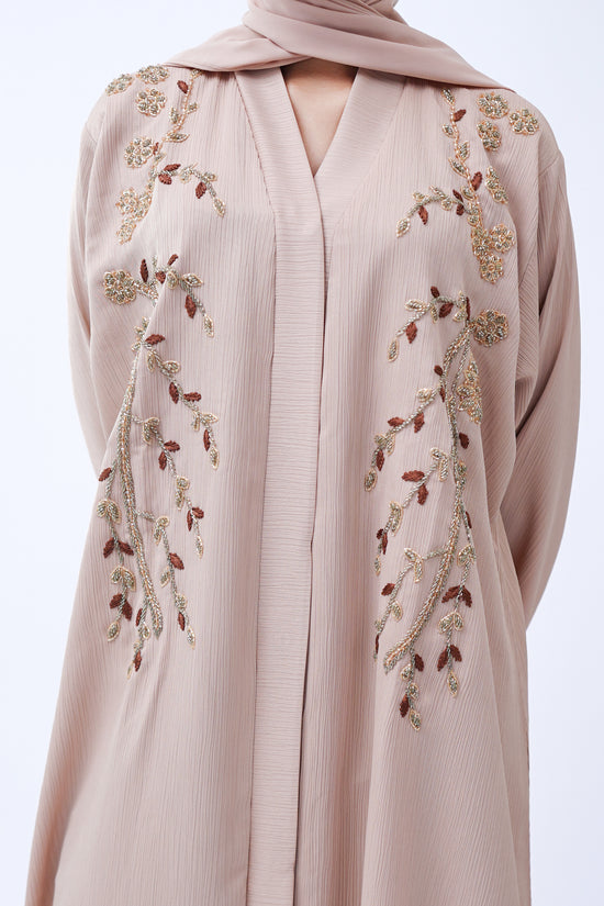 Front Open Hand Work Abaya 0116-J-006 Beige