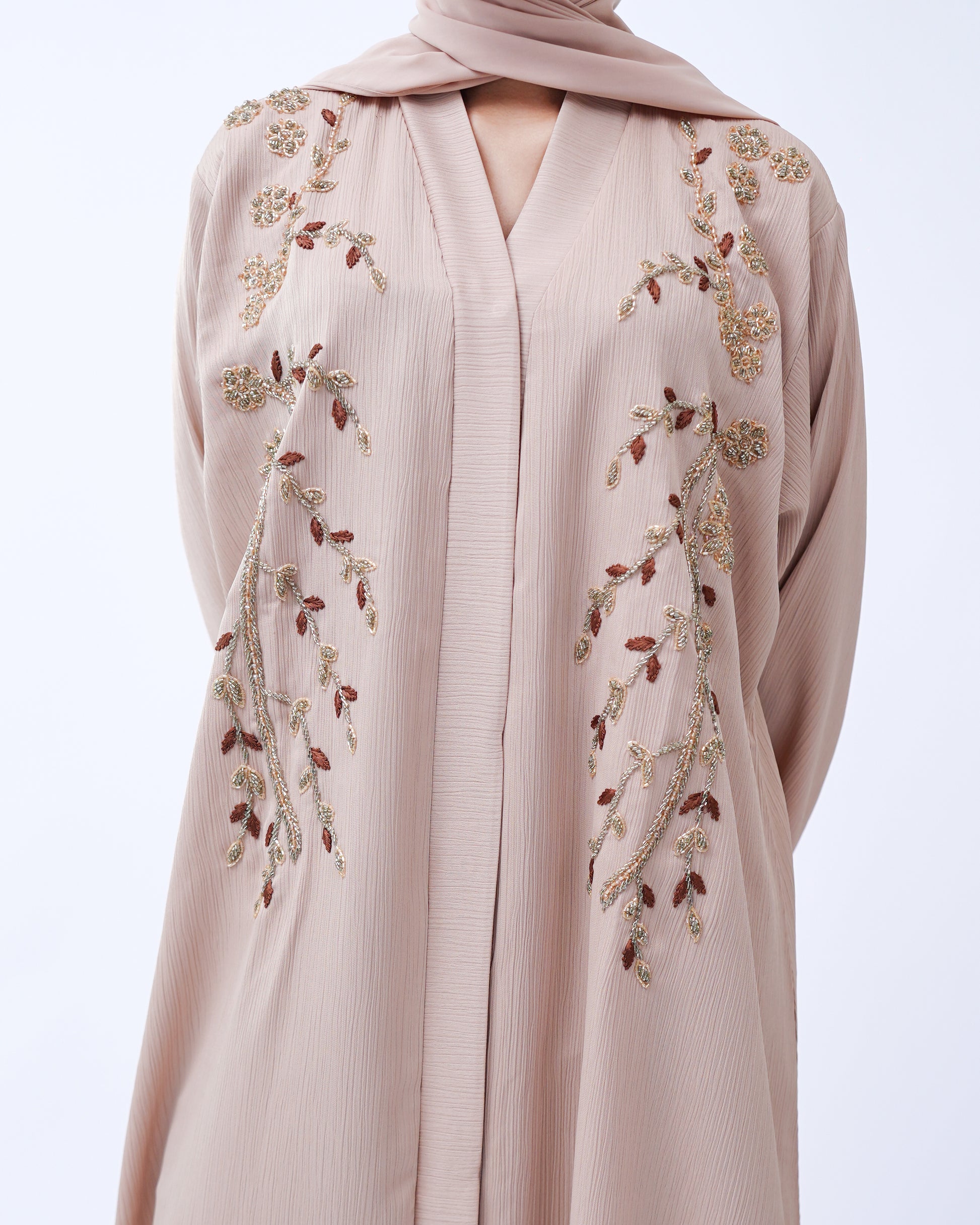 Front Open Hand Work Abaya 0116-J-006 Beige