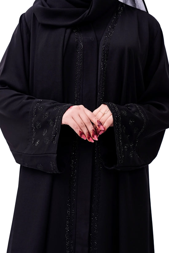 Front open stone abaya 0116-C-457 Black