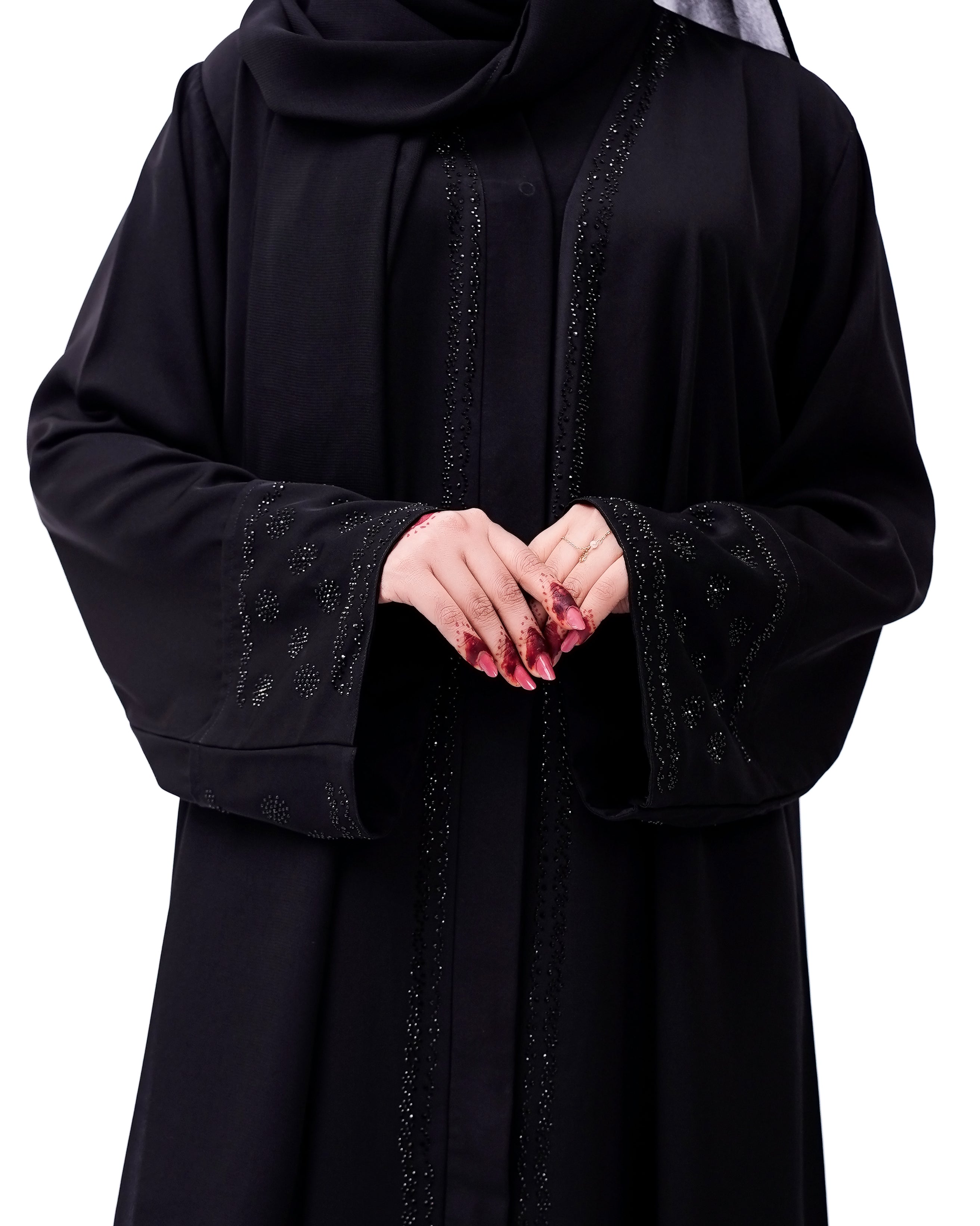 Front open stone abaya 0116-C-457 Black