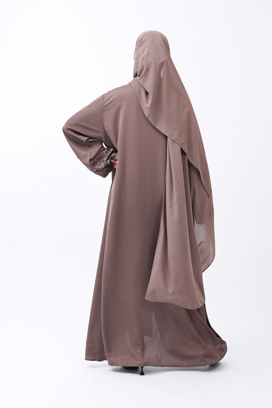 Front Open Hand Work Abaya 0116-J-005 Metallic Brown