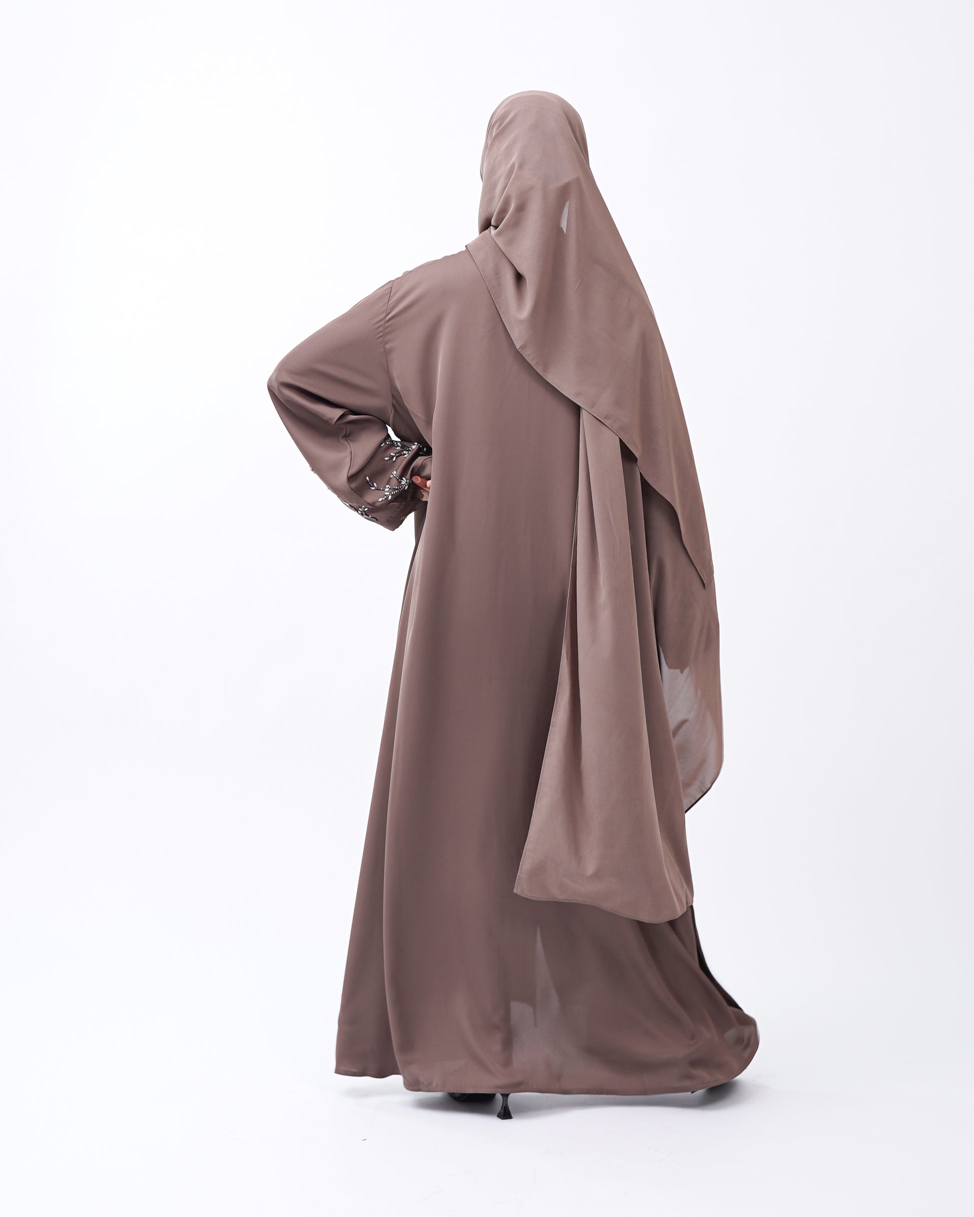 Front Open Hand Work Abaya 0116-J-005 Metallic Brown