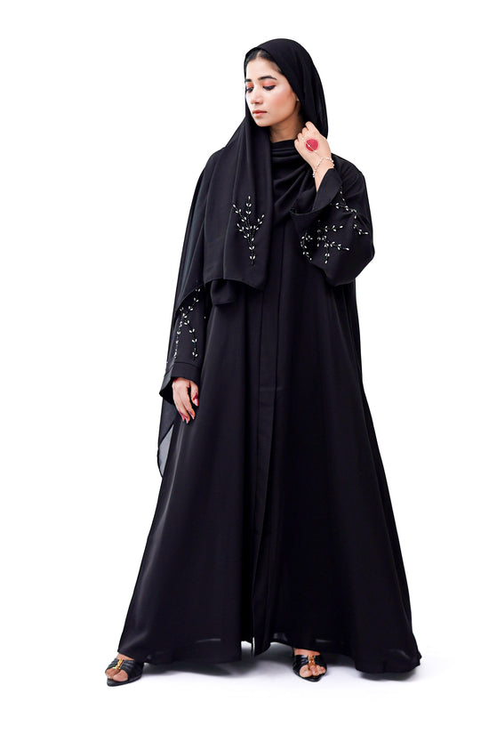 Front Open Hand Work Abaya 0116-J-005 Black