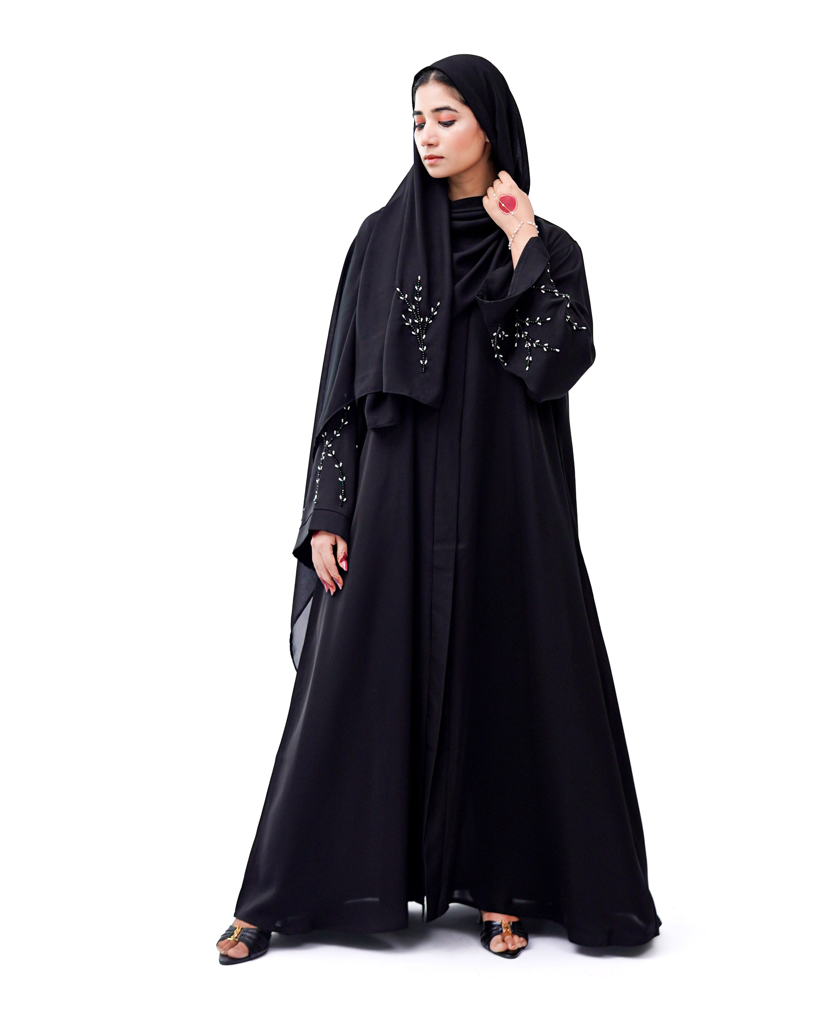 Front Open Hand Work Abaya 0116-J-005 Black