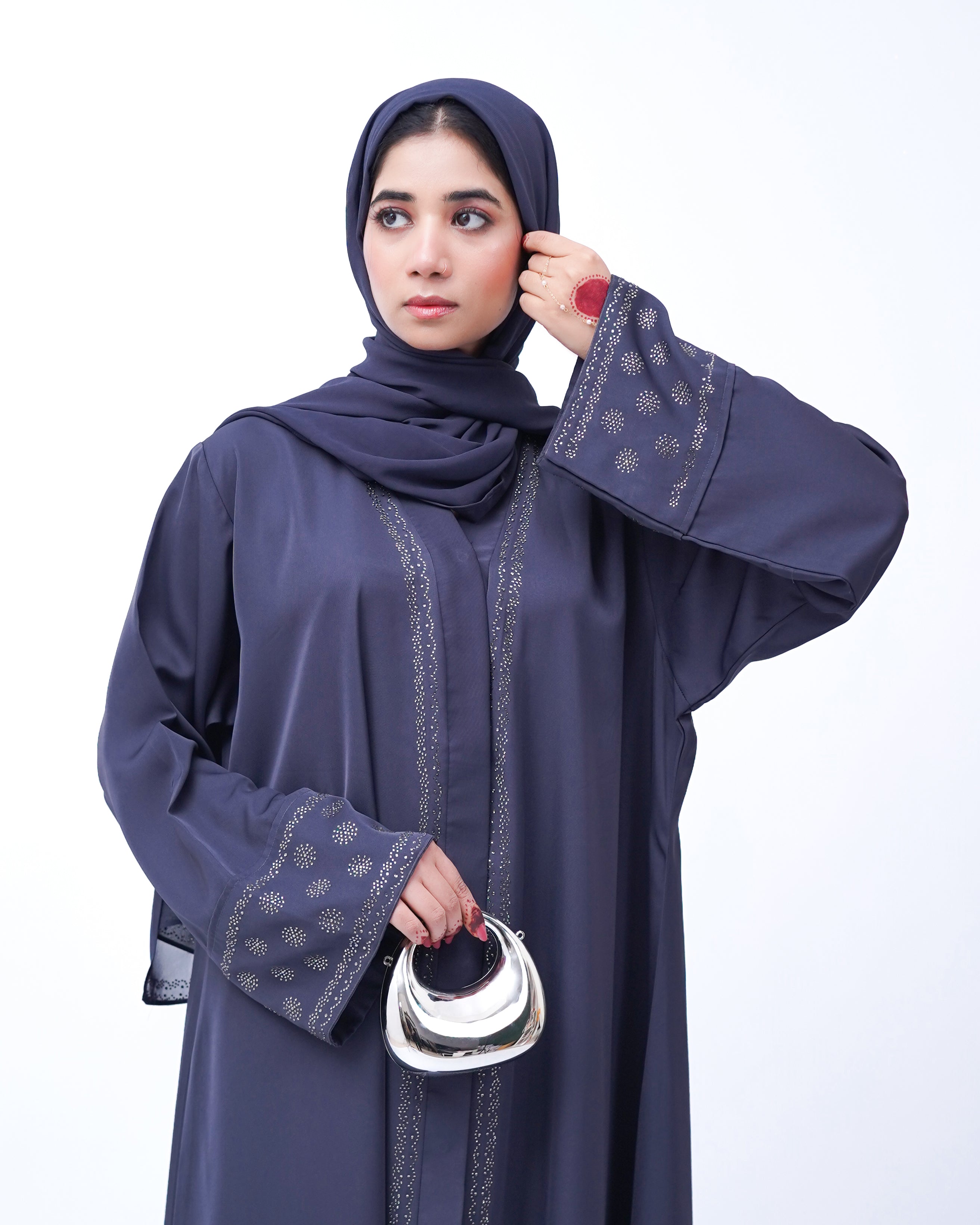 Front open stone abaya 0116-C-457 Grey