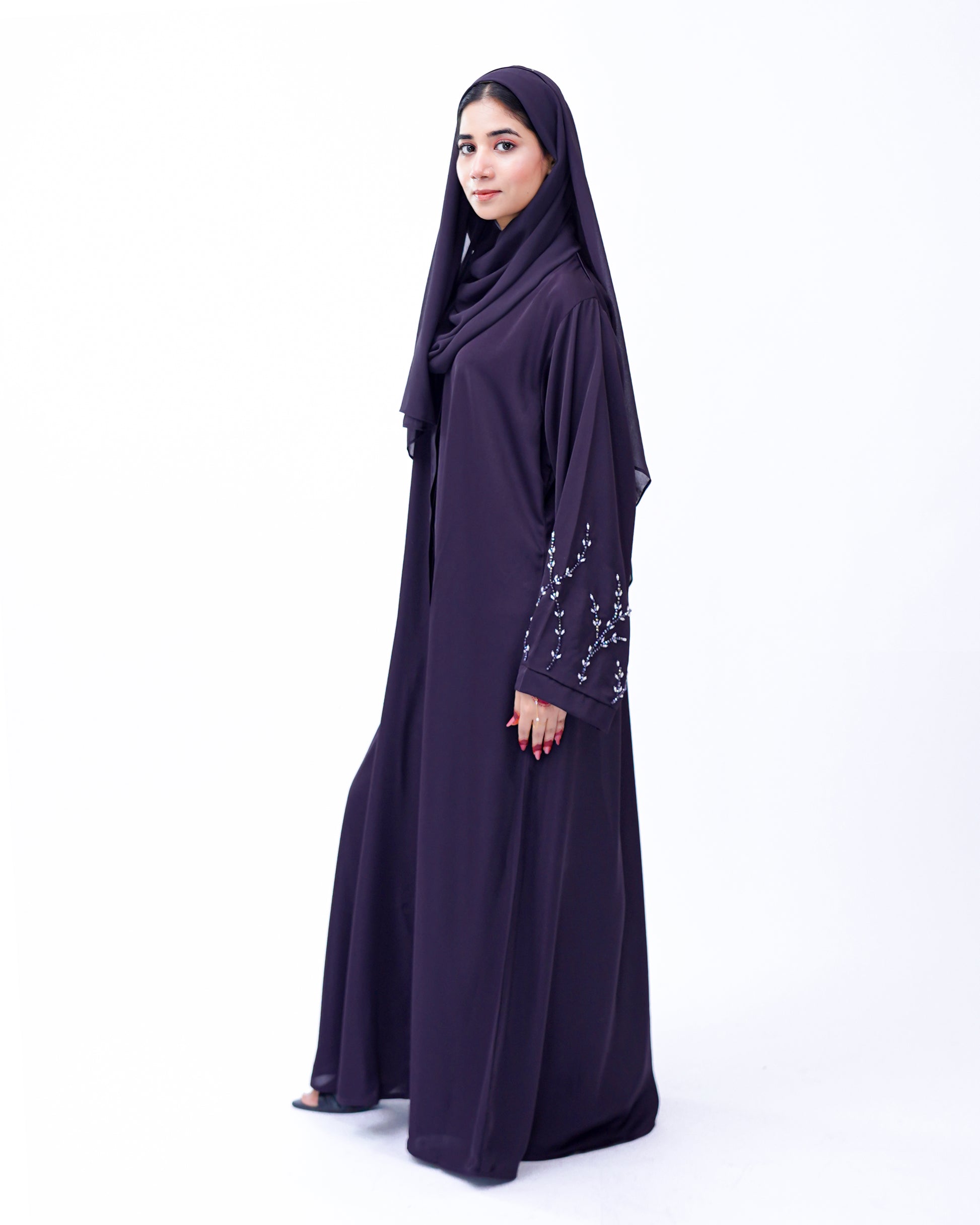 Front Open Hand Work Abaya 0116-J-005 Purple