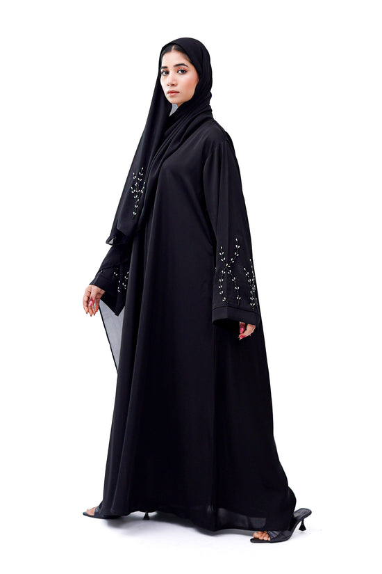 Front Open Hand Work Abaya 0116-J-005 Black