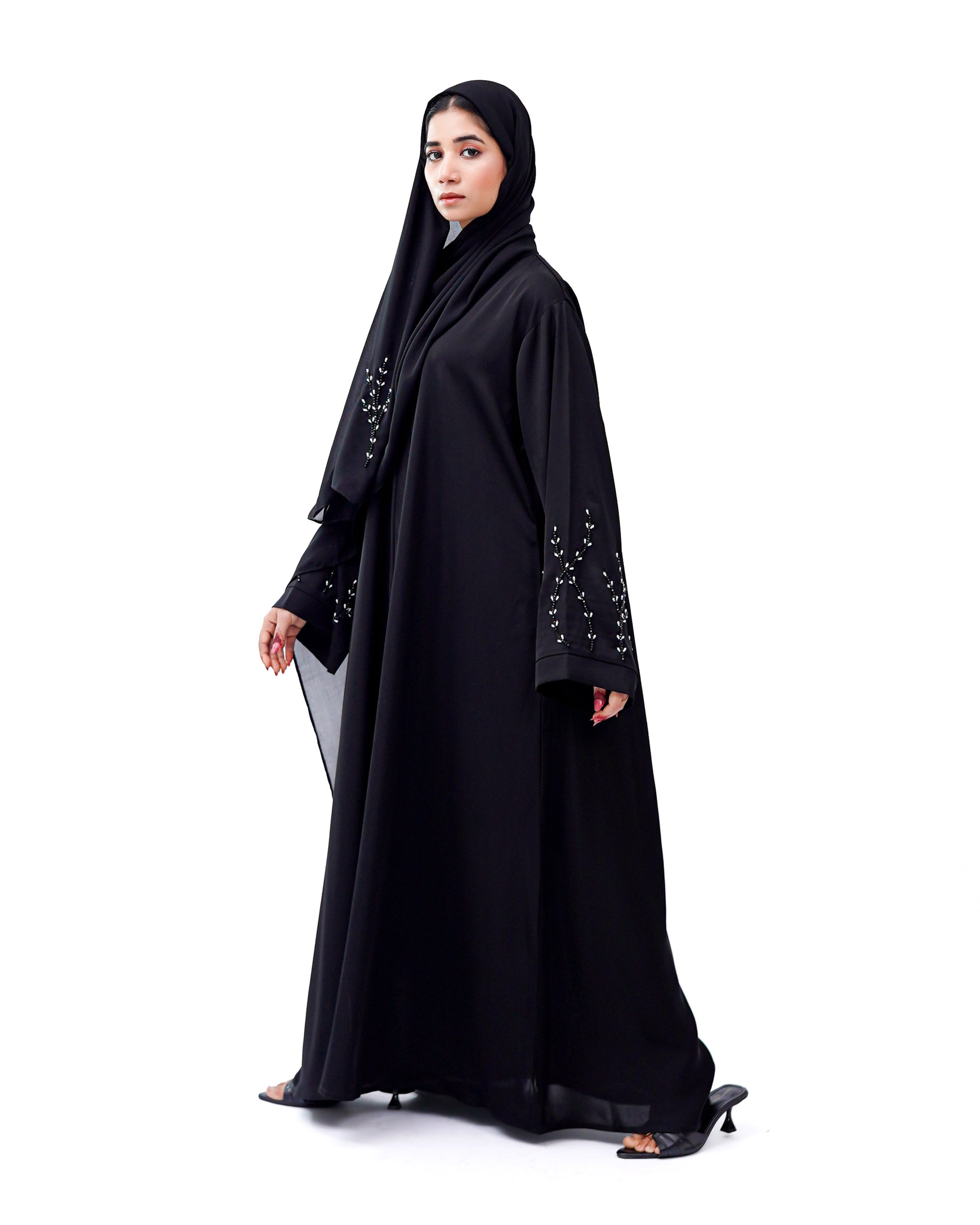 Front Open Hand Work Abaya 0116-J-005 Black