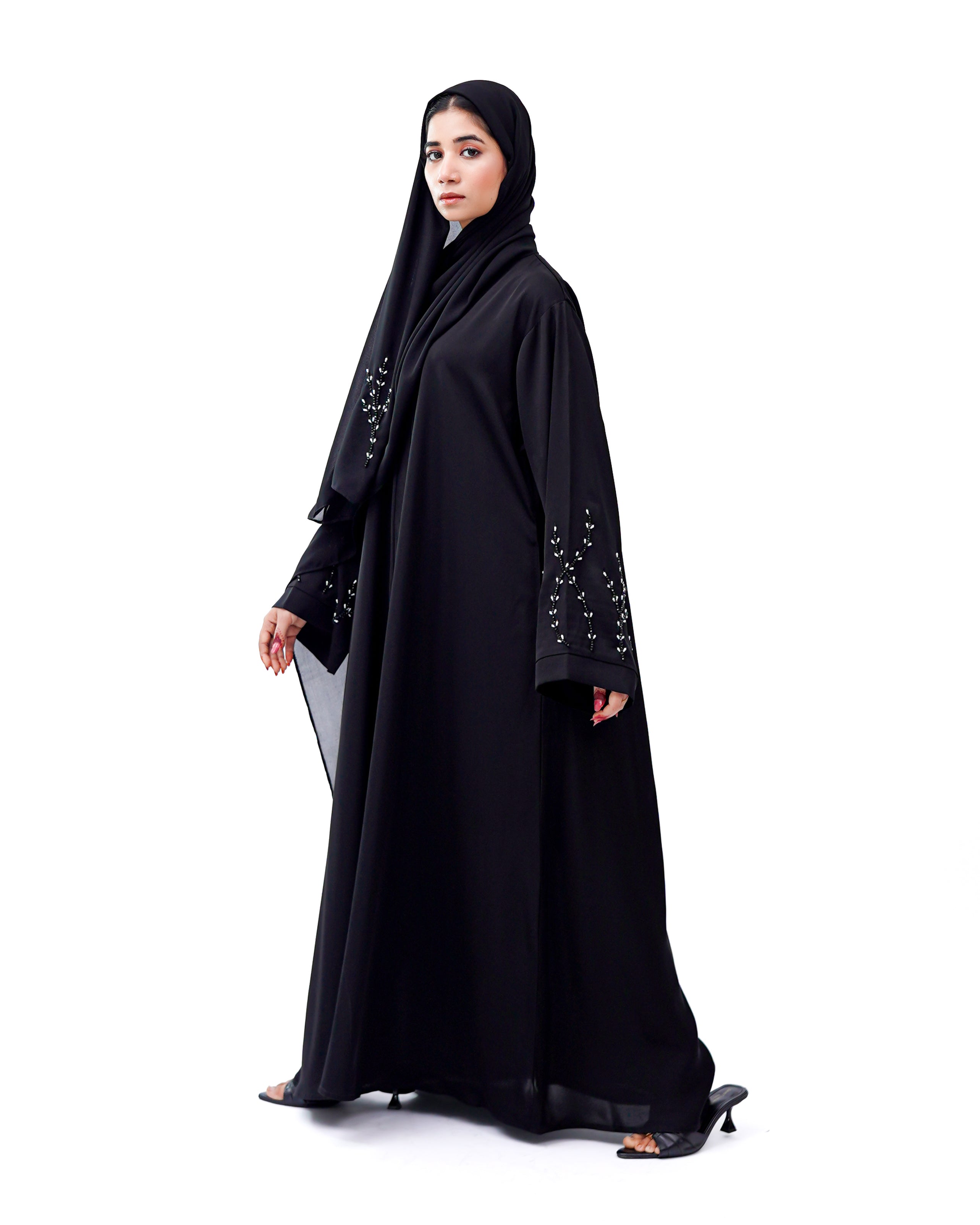 Front Open Hand Work Abaya 0116-J-005 Black