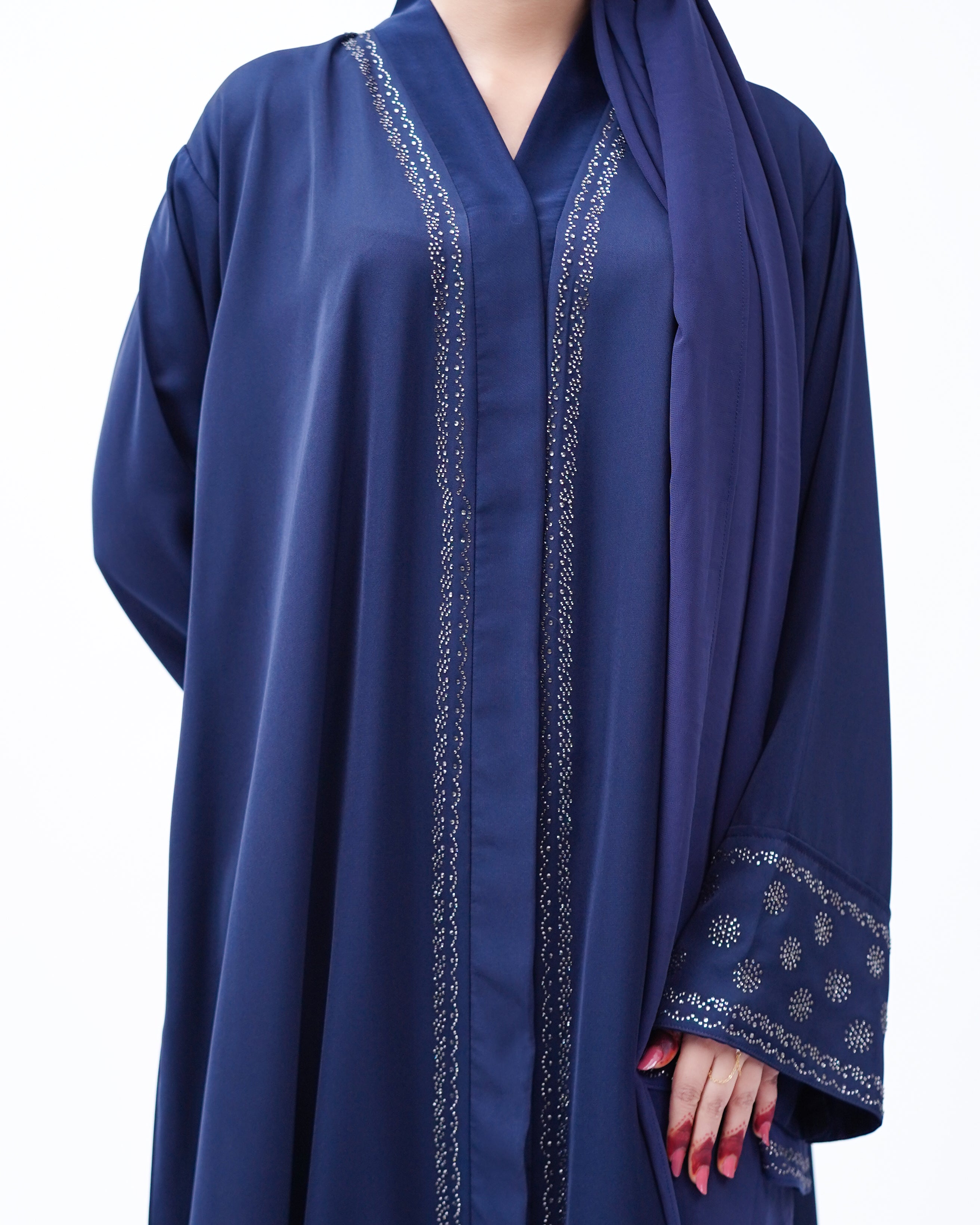Front open stone abaya 0116-C-457 Blue